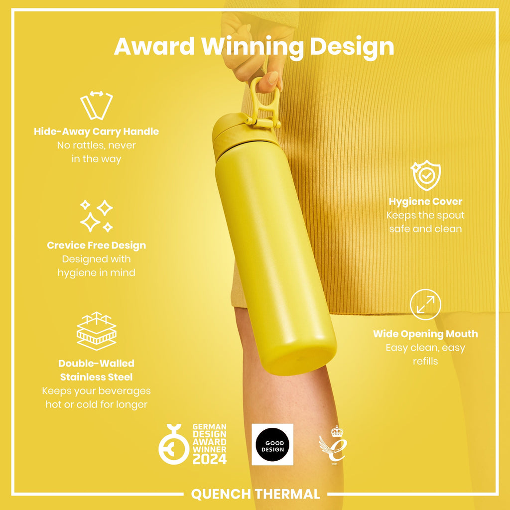 Leak Proof 1 Litre Thermal Water Bottle, Insulated Steel, Yellow, 1L