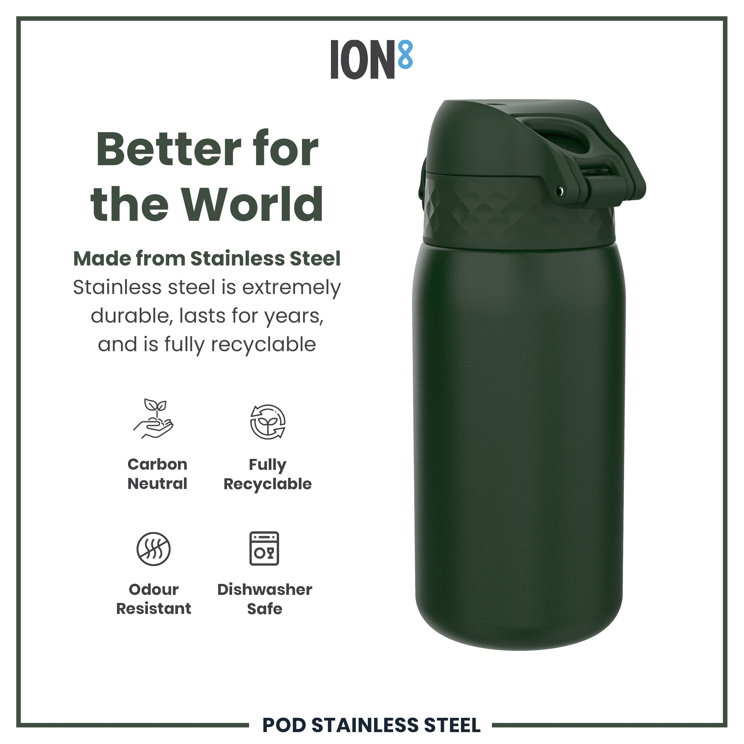Leak Proof Kids Water Bottle, Stainless Steel, Dark Green, 400ml (13oz)