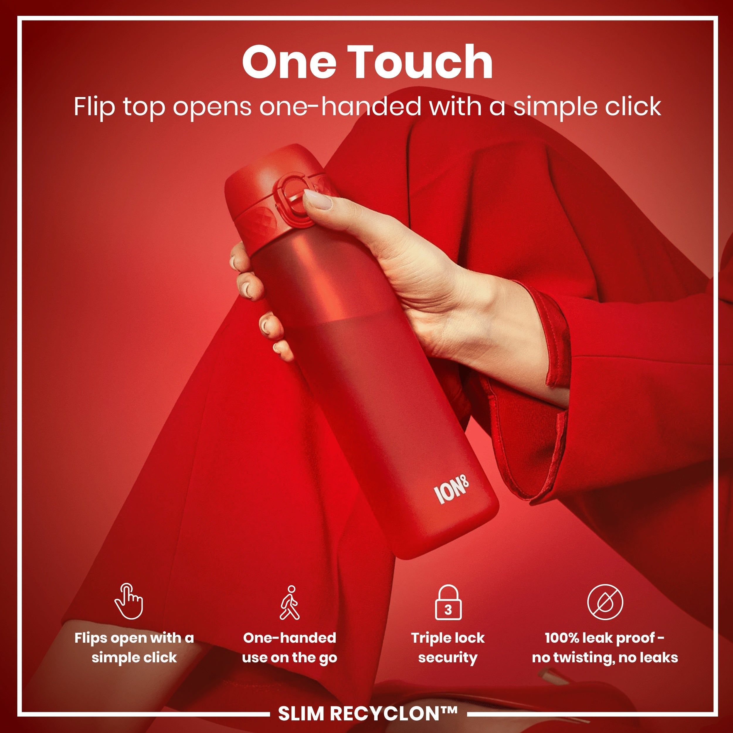 Leak Proof Slim Water Bottle, Recyclon, Red, 500ml (18oz)