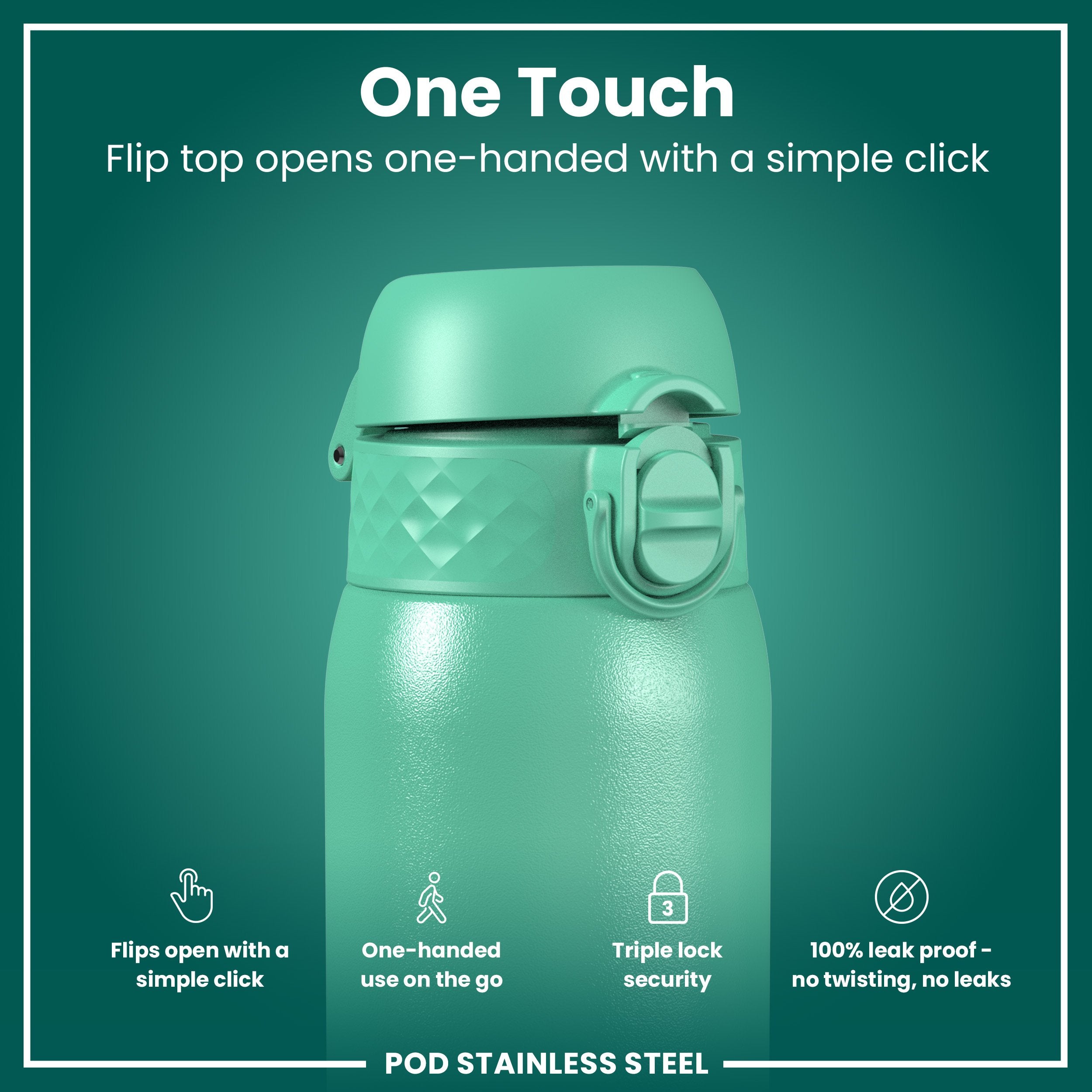 Leak Proof Kids Water Bottle, Stainless Steel, Teal, 400ml (13oz)