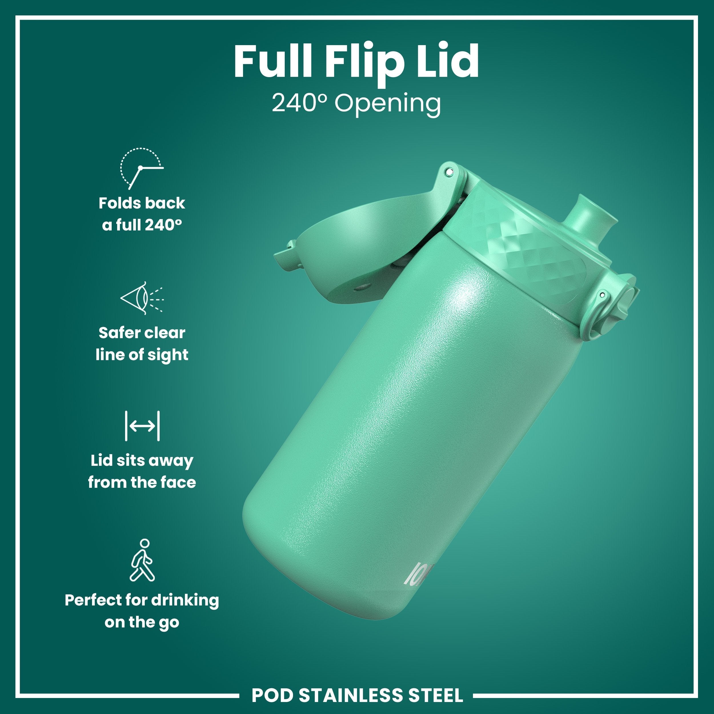 Leak Proof Kids Water Bottle, Stainless Steel, Teal, 400ml (13oz)