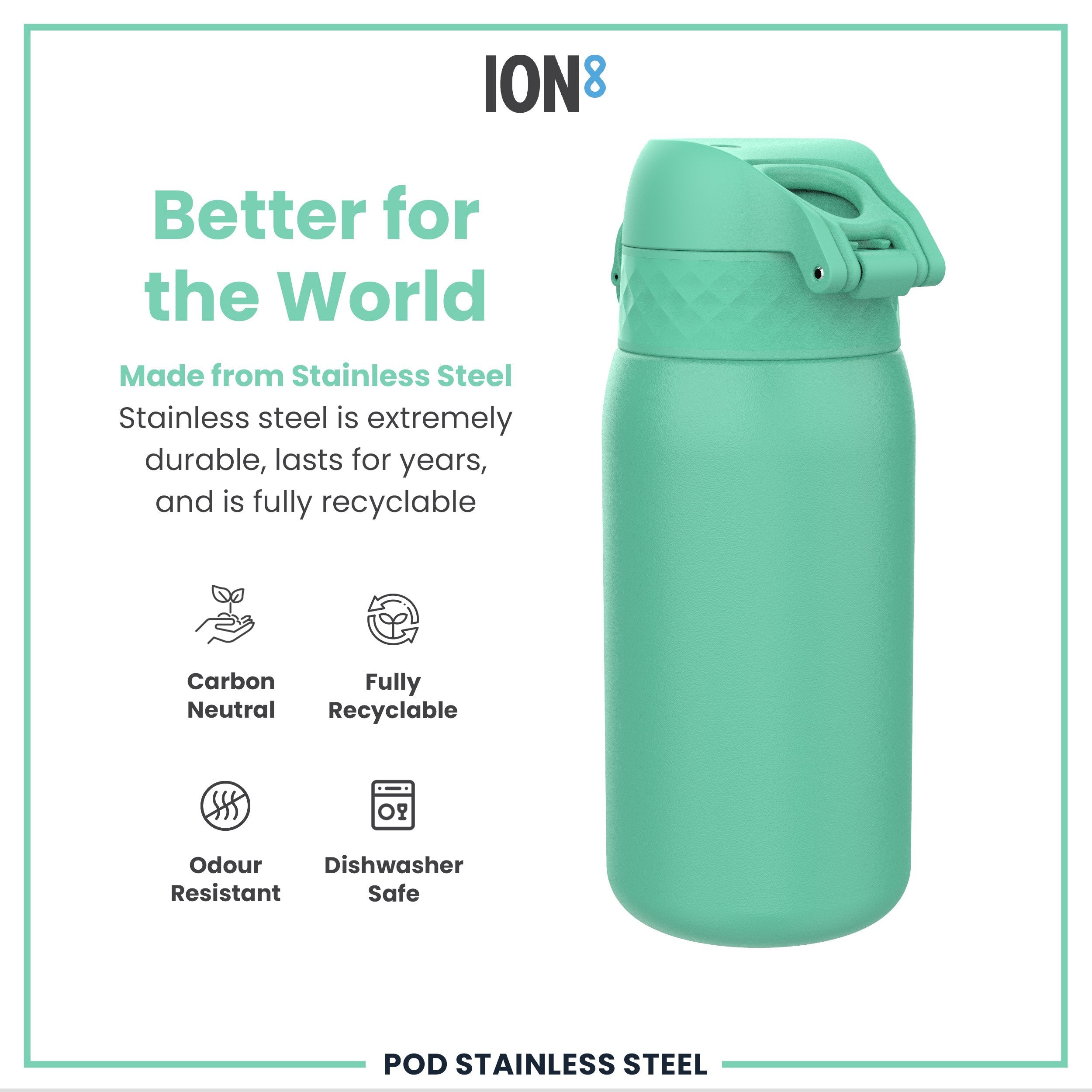 Leak Proof Kids Water Bottle, Stainless Steel, Teal, 400ml (13oz)