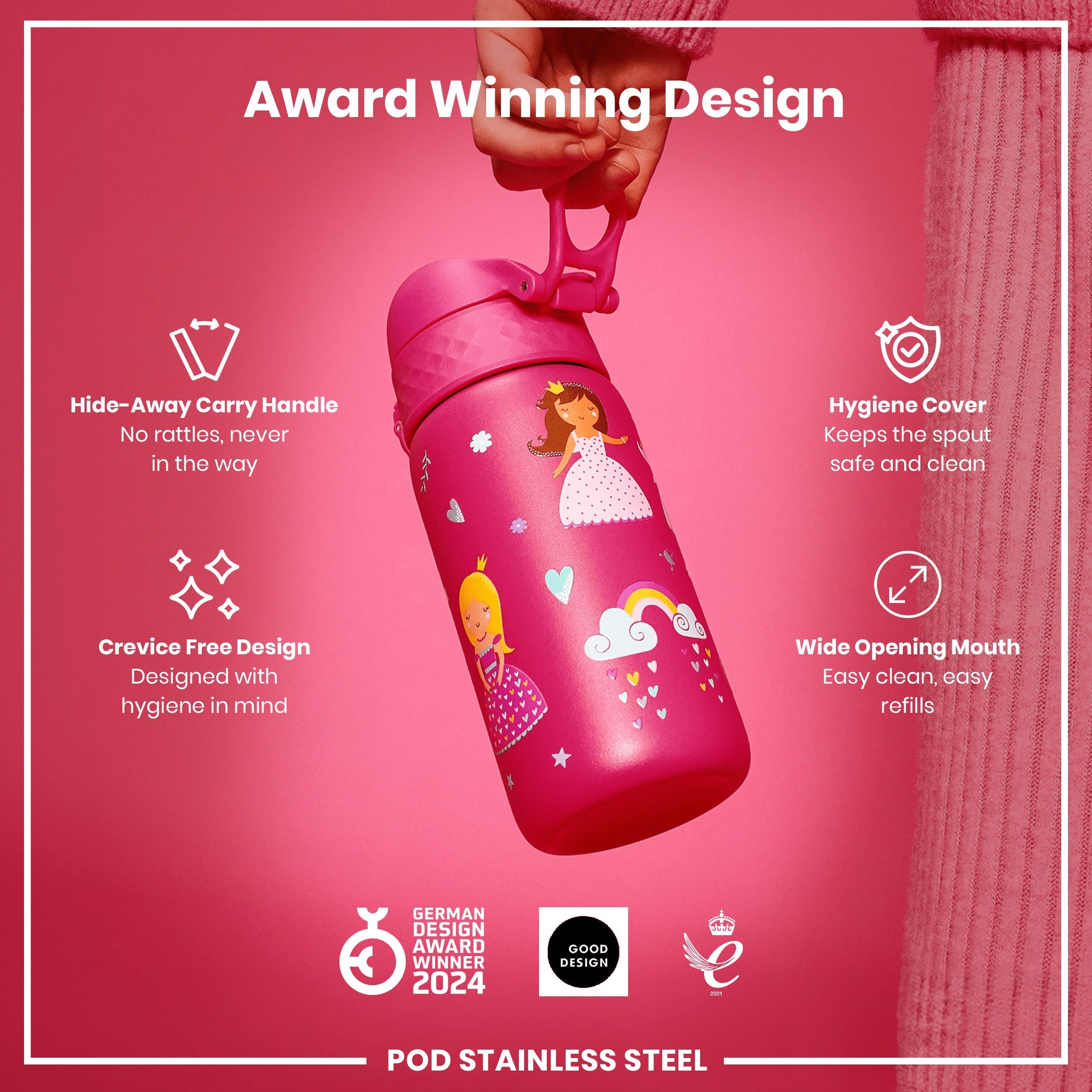 Leak Proof Kids Water Bottle, Stainless Steel, Princess, 400ml (13oz)