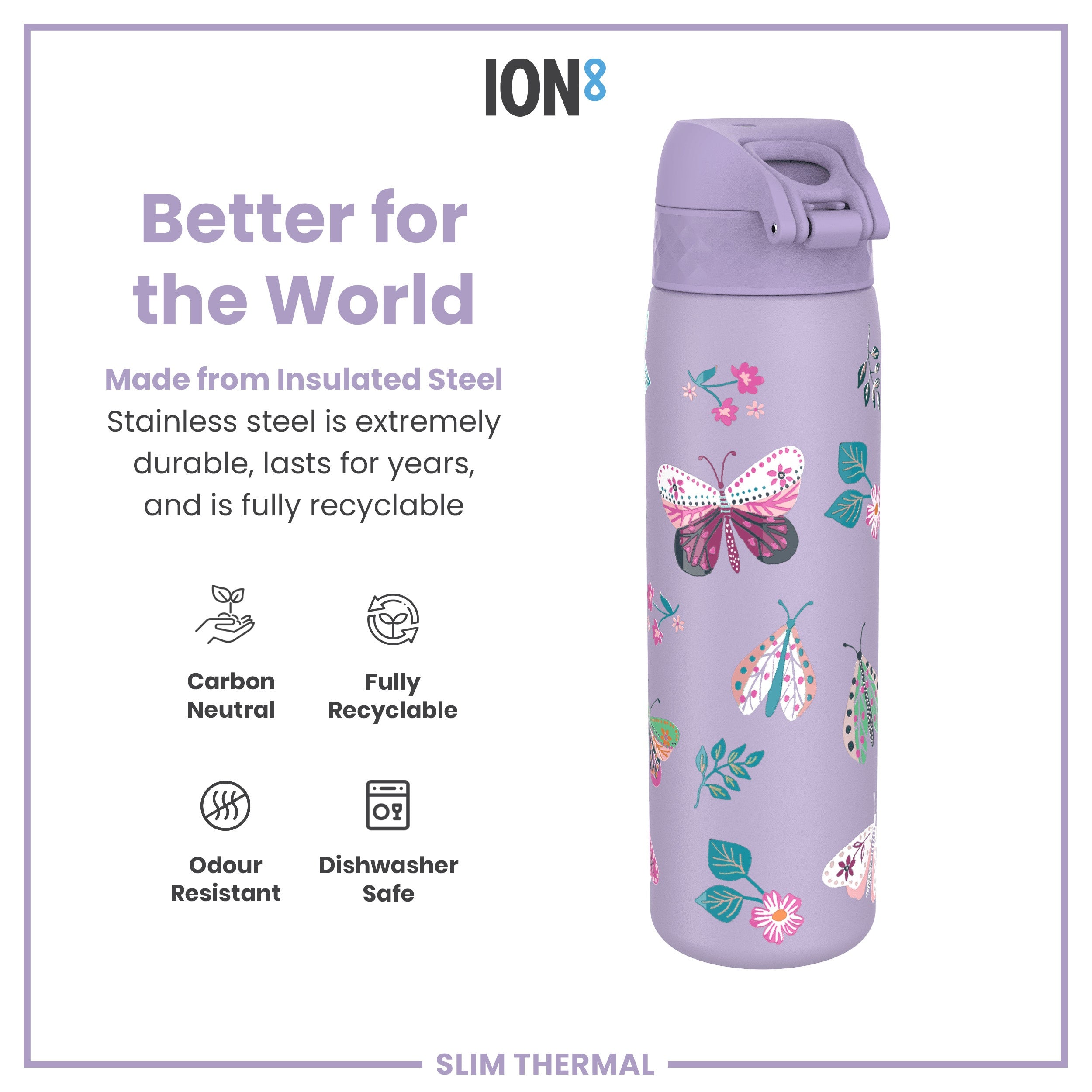 Leak Proof Slim Thermal Steel Water Bottle, Insulated, Butterfly, 500ml (17oz)