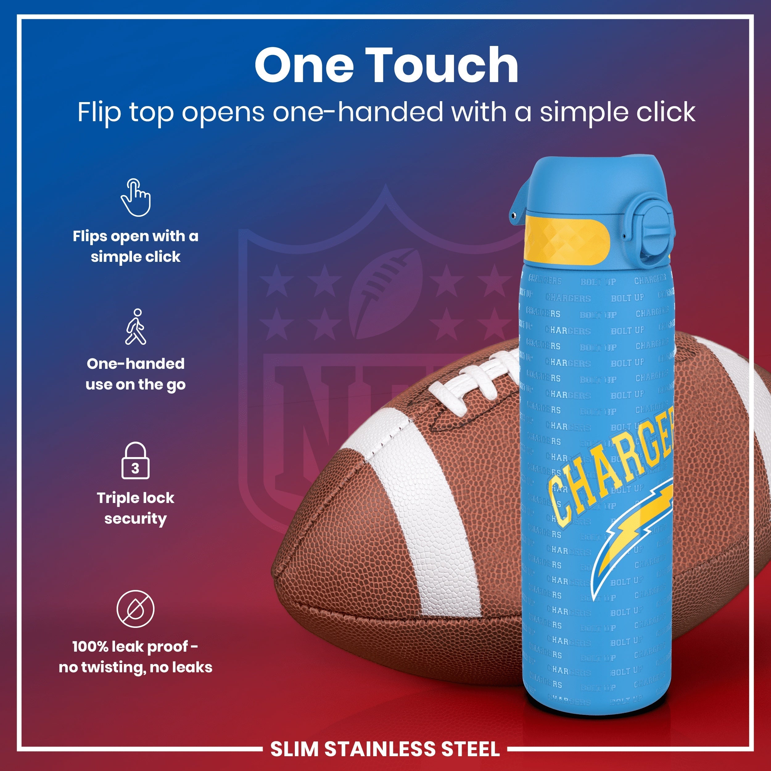 Leak Proof NFL Water Bottle, Stainless Steel, Los Angeles Chargers, 600ml (20oz)