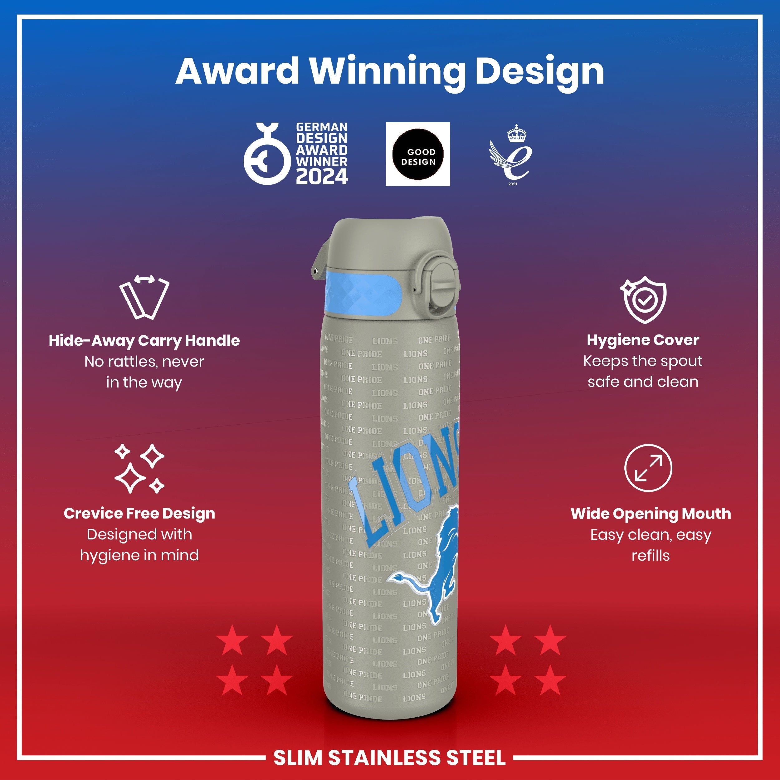 Leak Proof NFL Water Bottle, Stainless Steel, Detroit Lions, 600ml (20oz)