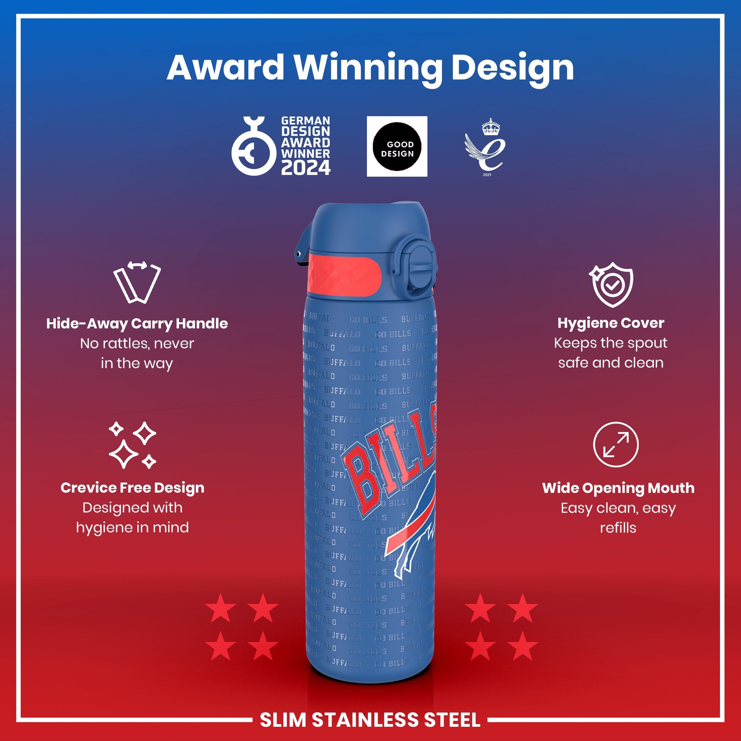 Leak Proof NFL Water Bottle, Stainless Steel, Buffalo Bills, 600ml (20oz)