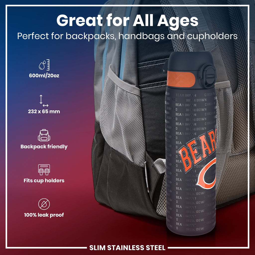 Leak Proof NFL Water Bottle, Stainless Steel, Chicago Bears, 600ml (20oz)