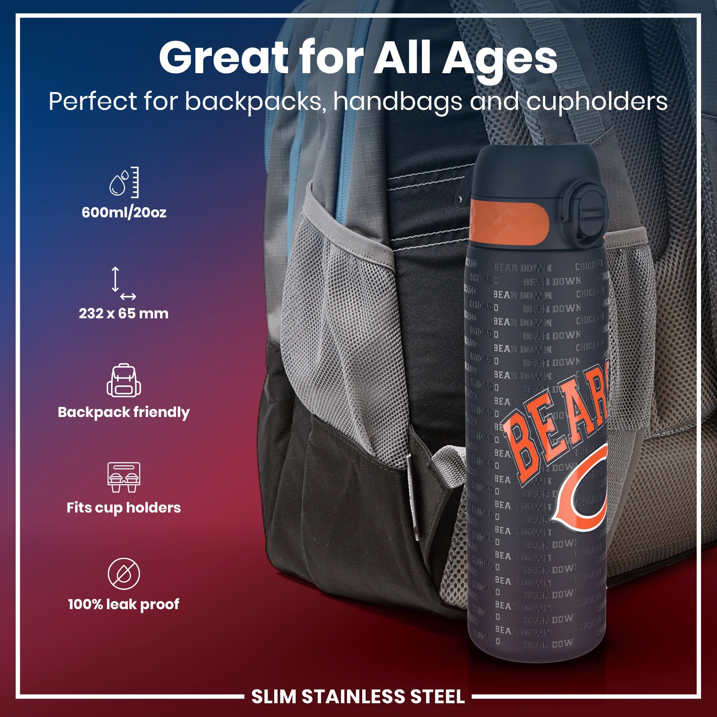 Leak Proof NFL Water Bottle, Stainless Steel, Chicago Bears, 600ml (20oz)