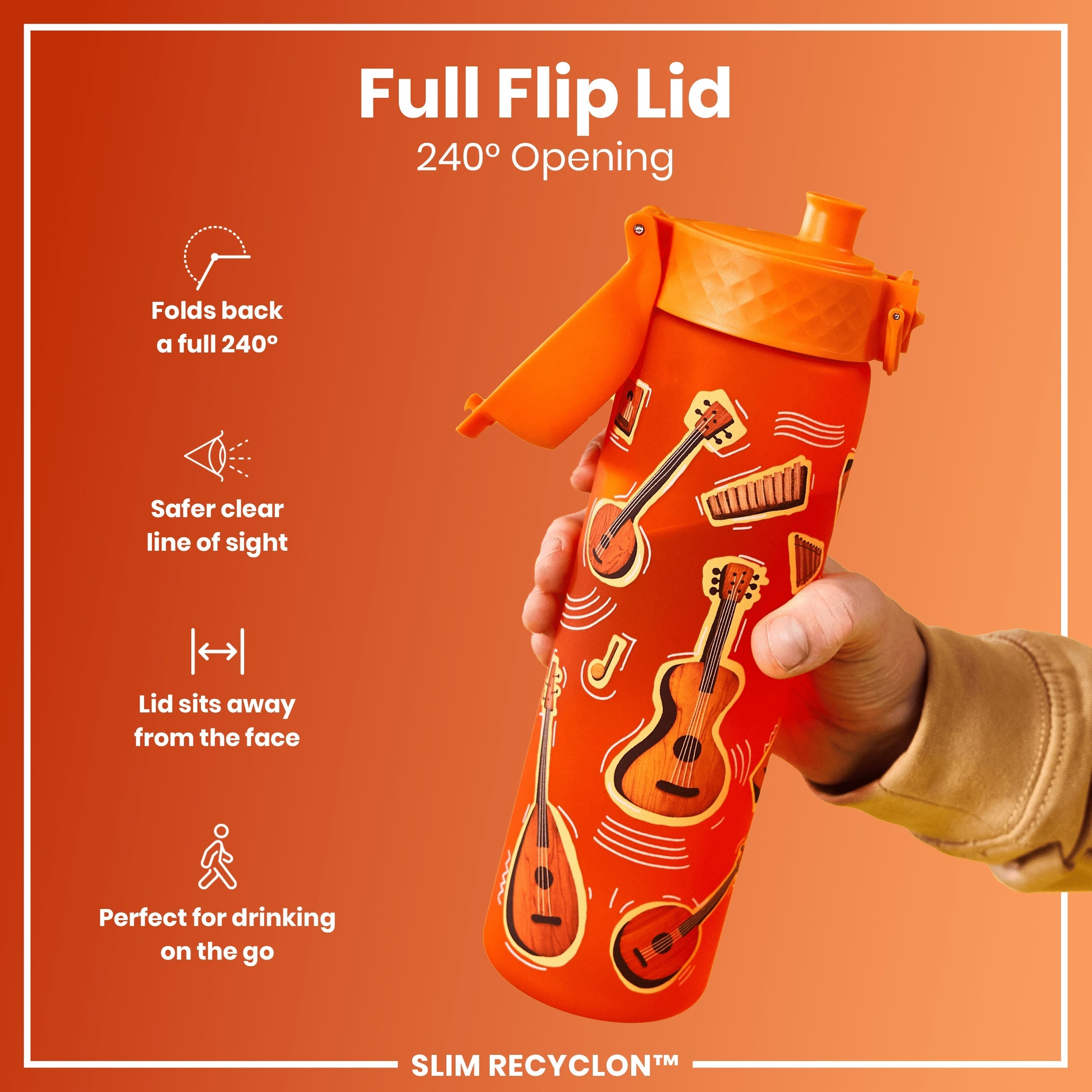 Leak Proof Slim Water Bottle, Recyclon, Music, 500ml (18oz)
