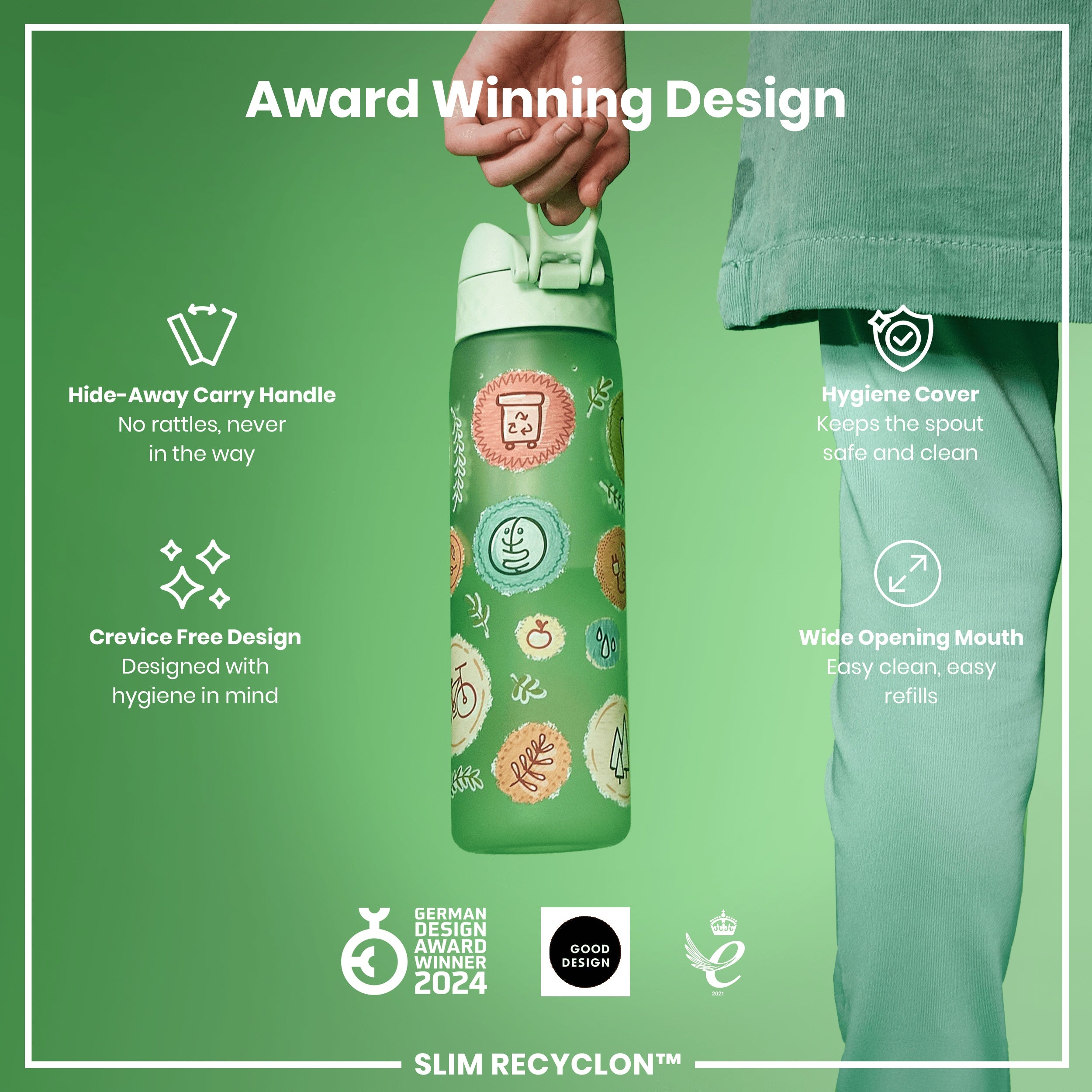 Leak Proof Slim Water Bottle, Recyclon, Eco, 500ml (18oz)