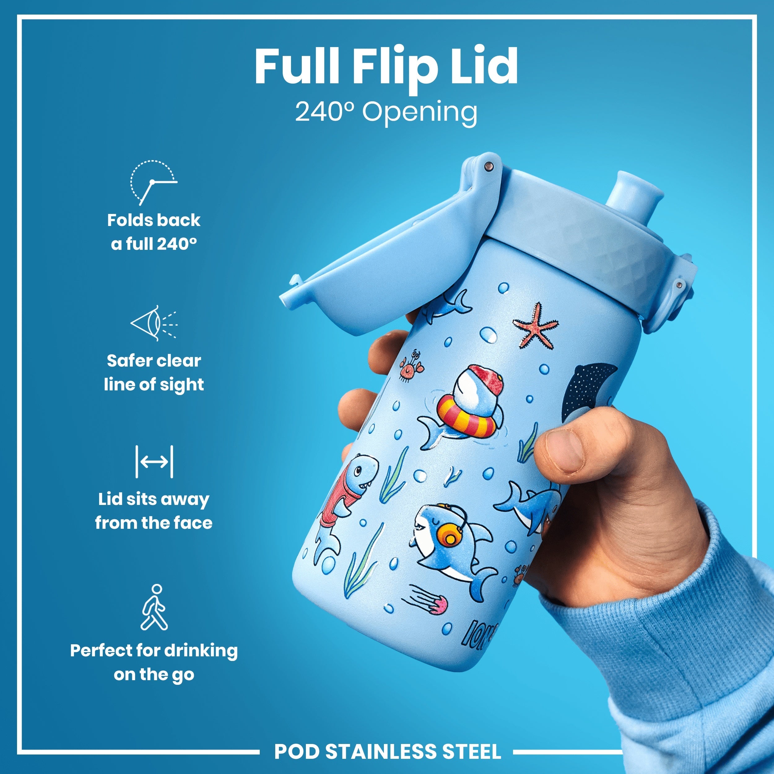 Leak Proof Kids Water Bottle, Stainless Steel, Sharks, 400ml (13oz)
