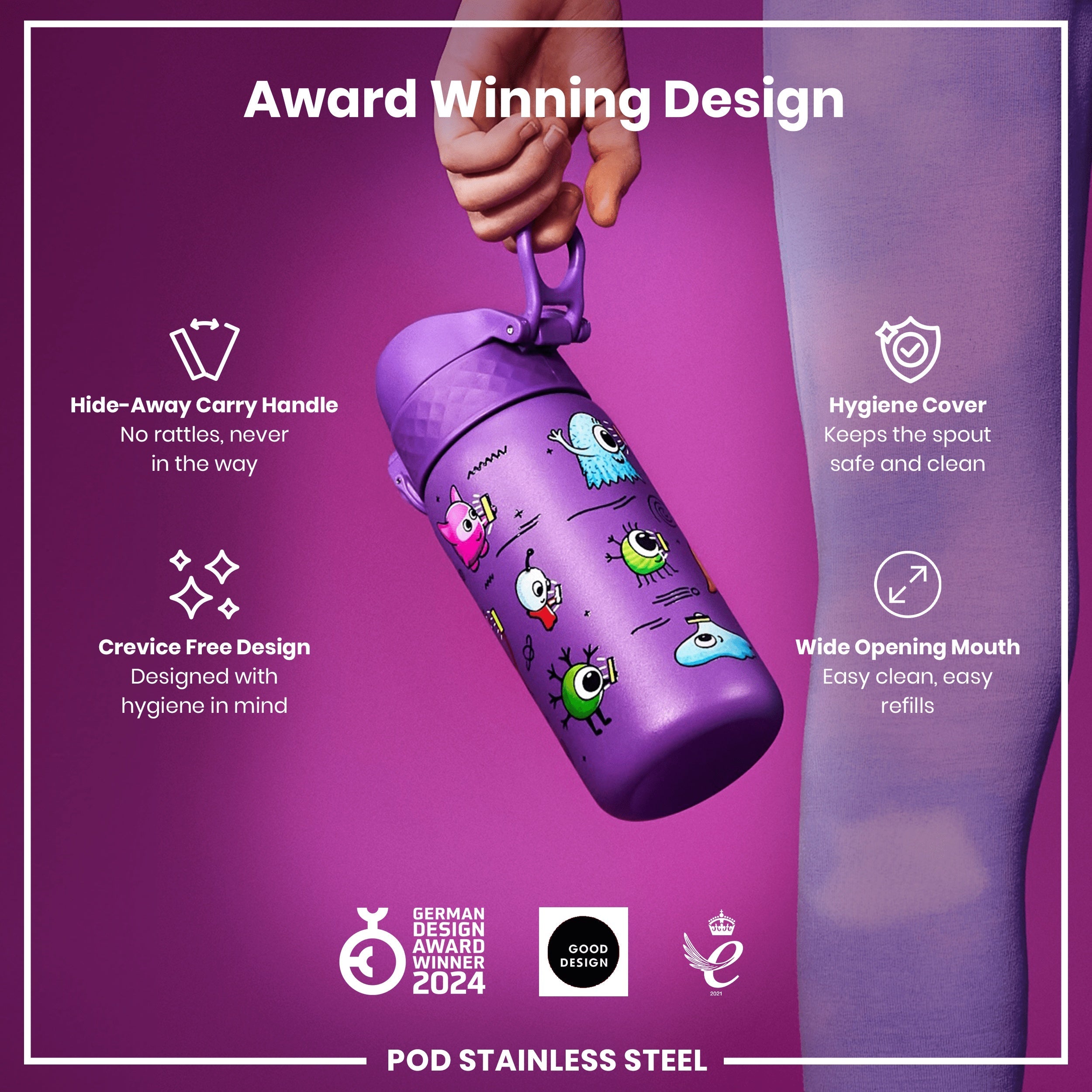 Leak Proof Kids Water Bottle, Stainless Steel, Aliens, 400ml (13oz)