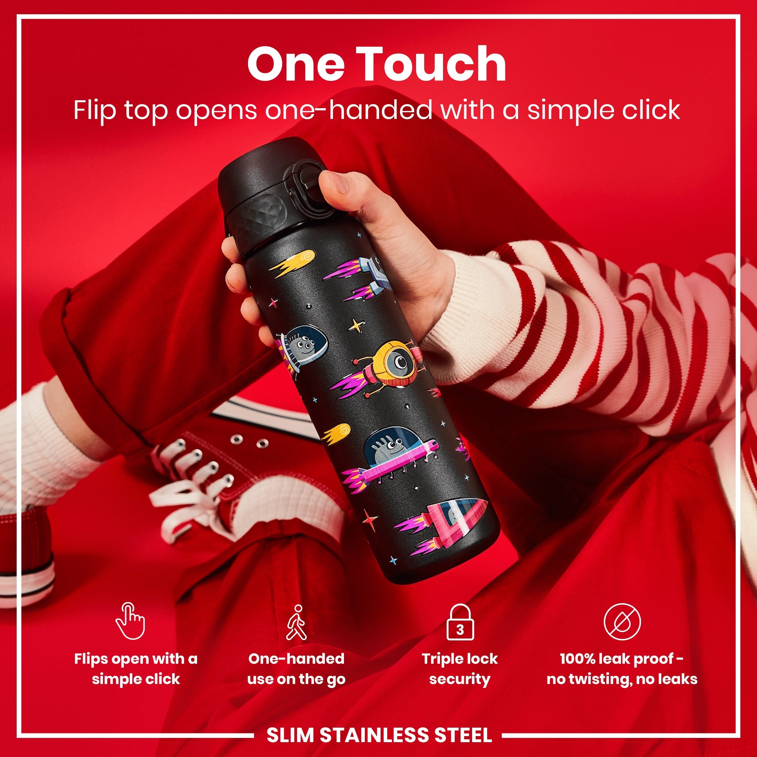 Leak Proof Slim Water Bottle, Stainless Steel, Spaceships, 600ml (20oz)