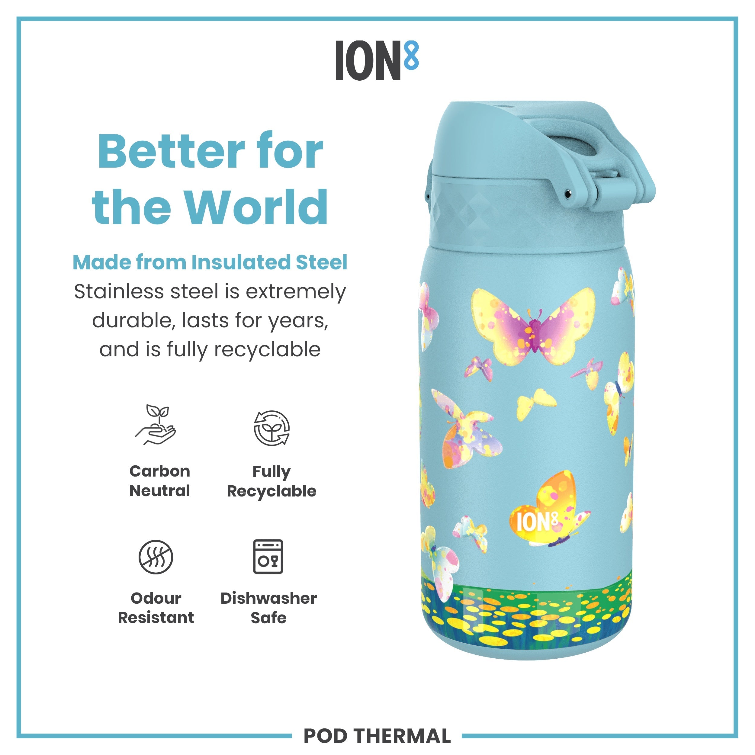Leak Proof Thermal Steel Water Bottle, Insulated, Butterfly Catcher, 320ml (11oz)