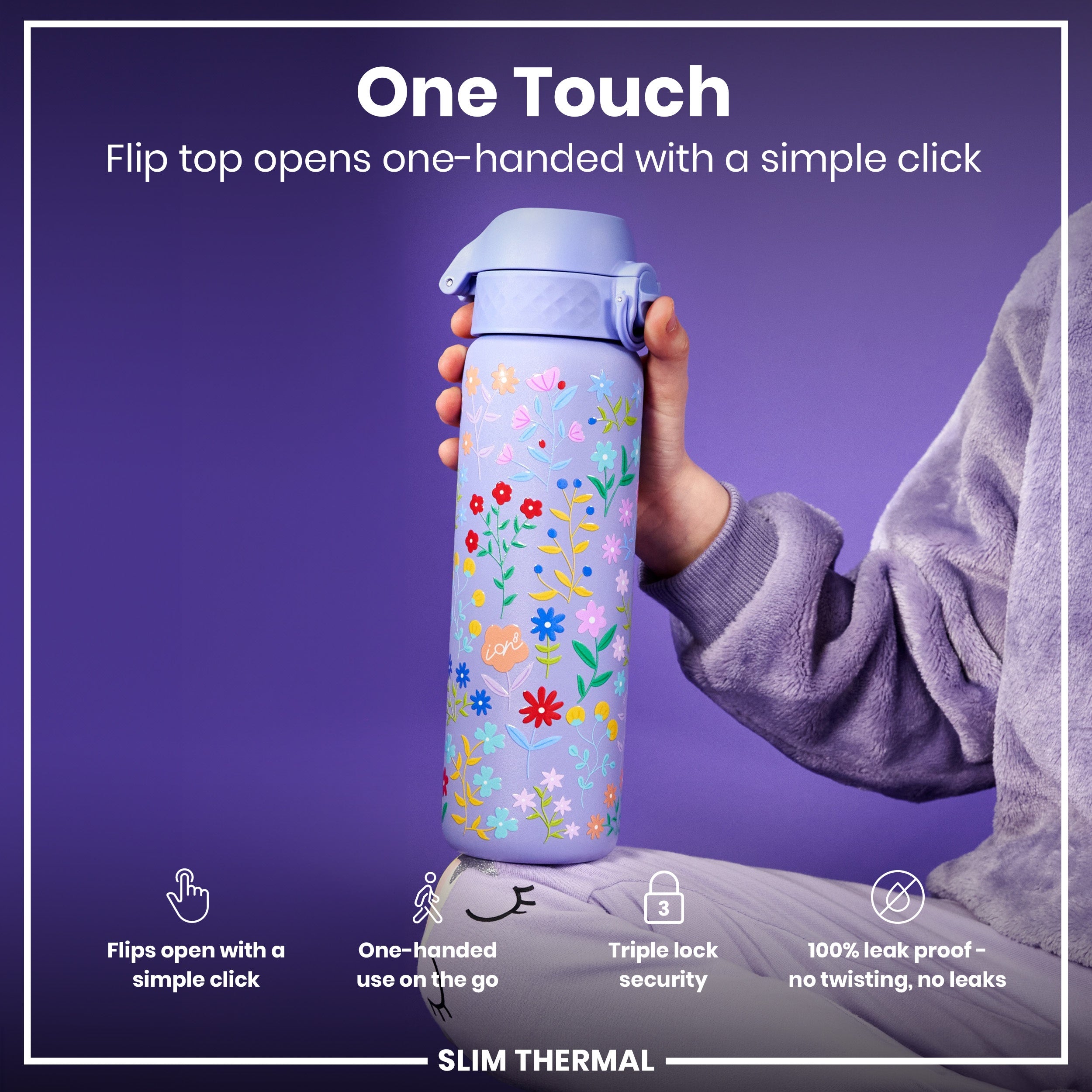 Leak Proof Slim Thermal Water Bottle, Insulated Steel, Ditsy Floral, 500ml (17oz)