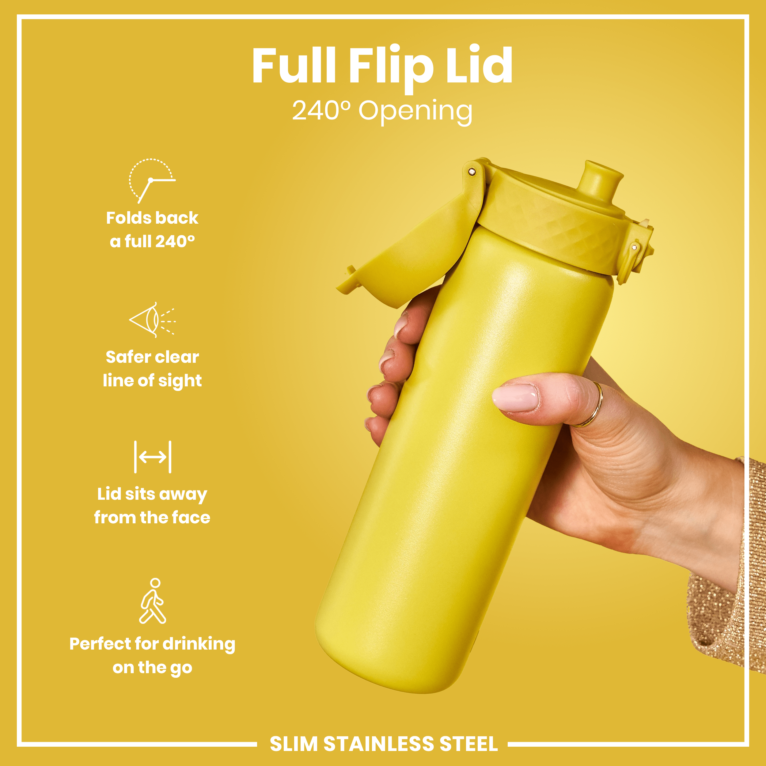 Leak Proof Slim Water Bottle, Stainless Steel, Yellow, 600ml (20oz)
