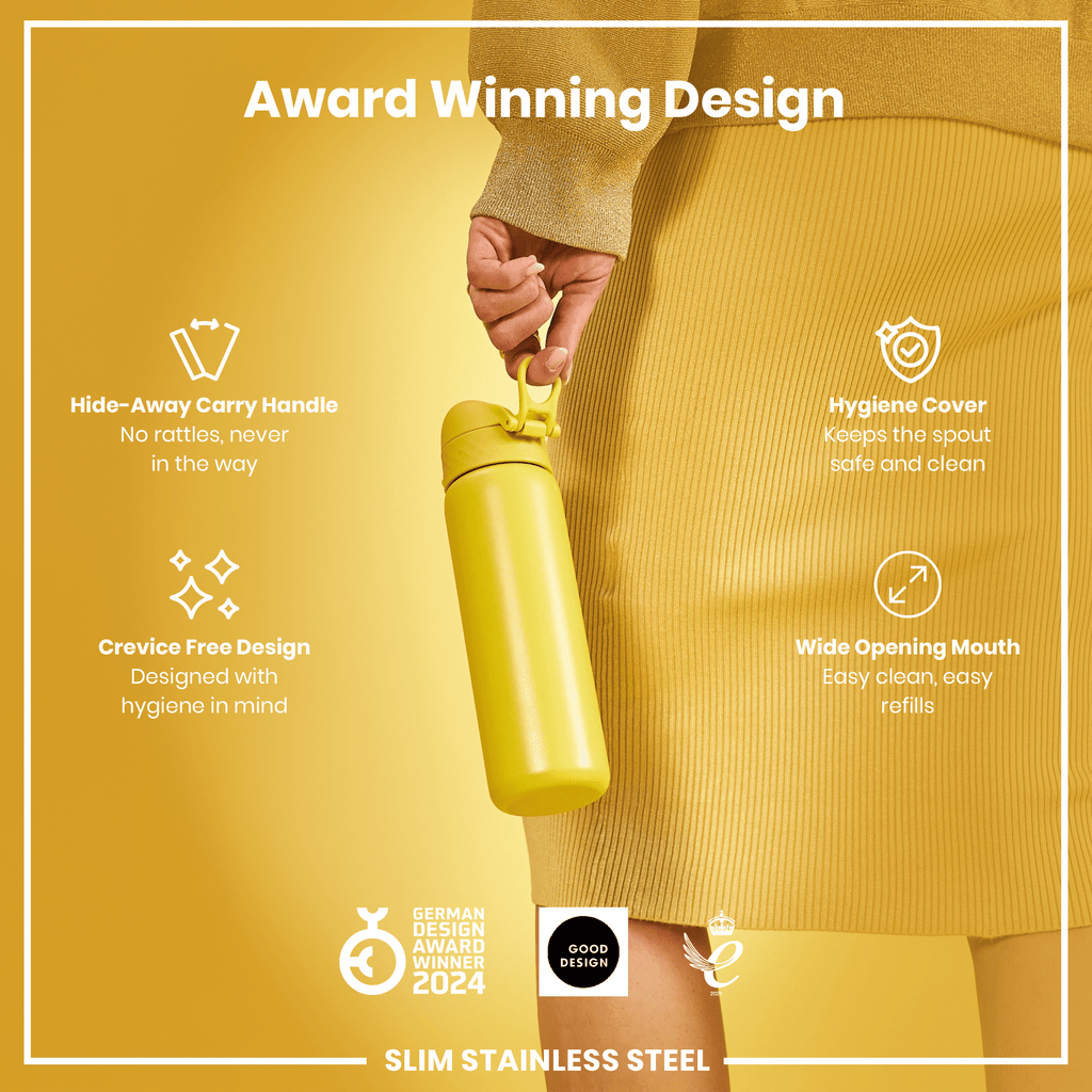 Leak Proof Slim Water Bottle, Stainless Steel, Yellow, 600ml (20oz)