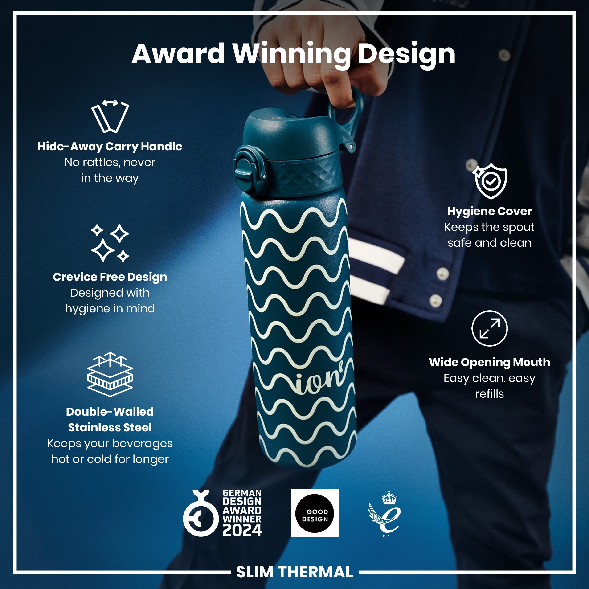 Leak Proof Slim Thermal Water Bottle, Insulated Steel, Wave, 500ml (17oz)