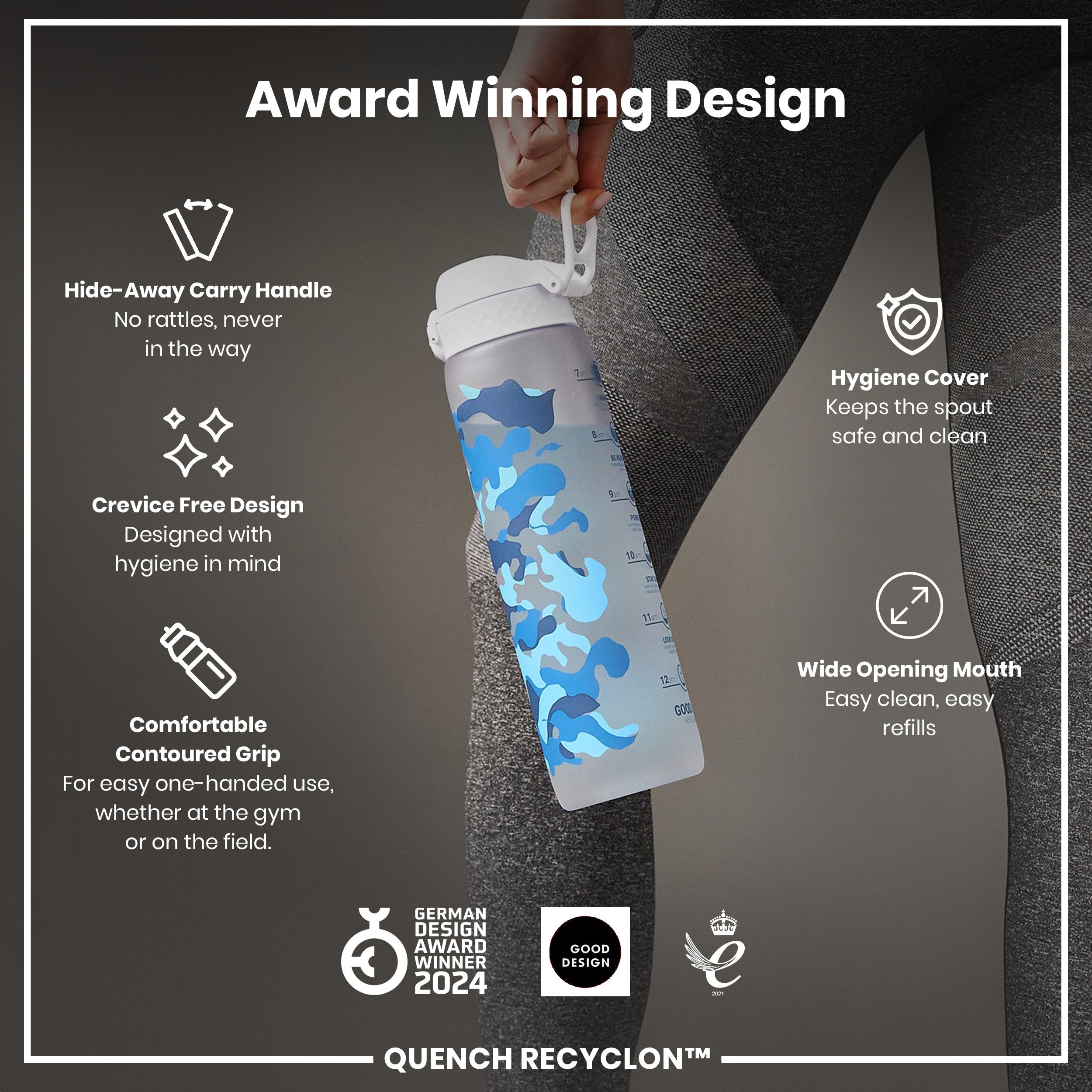 Leak Proof 1 Litre Water Bottle with Times to Drink, Recyclon, Camouflage, 1L