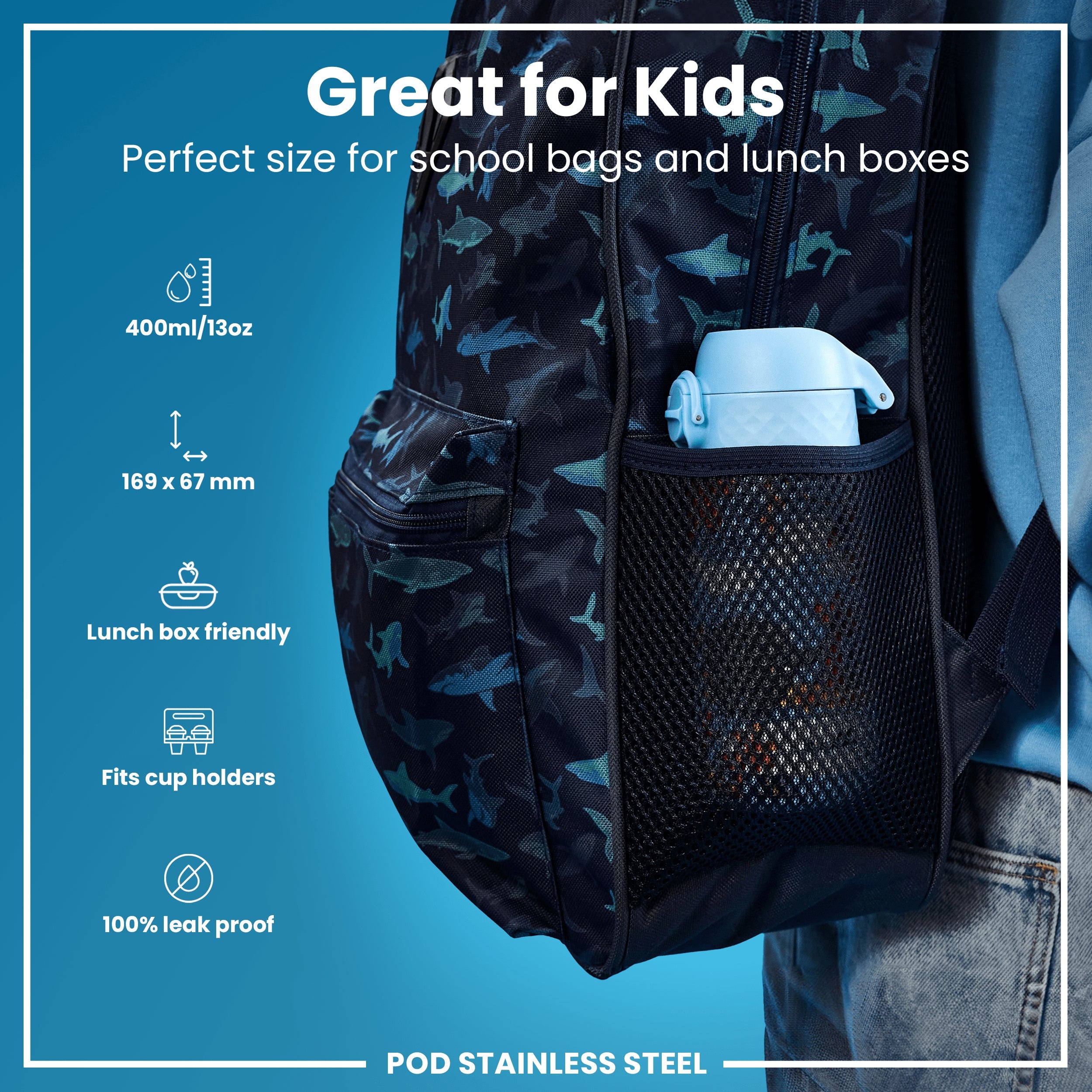 Leak Proof Kids Water Bottle, Stainless Steel, Safari, 400ml (13oz)