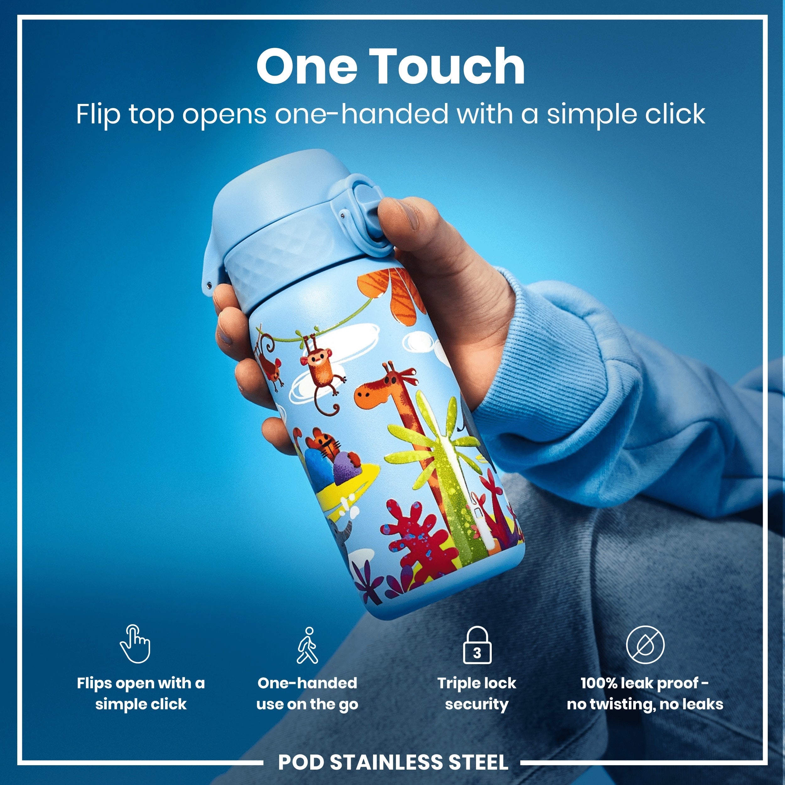 Leak Proof Kids Water Bottle, Stainless Steel, Safari, 400ml (13oz)
