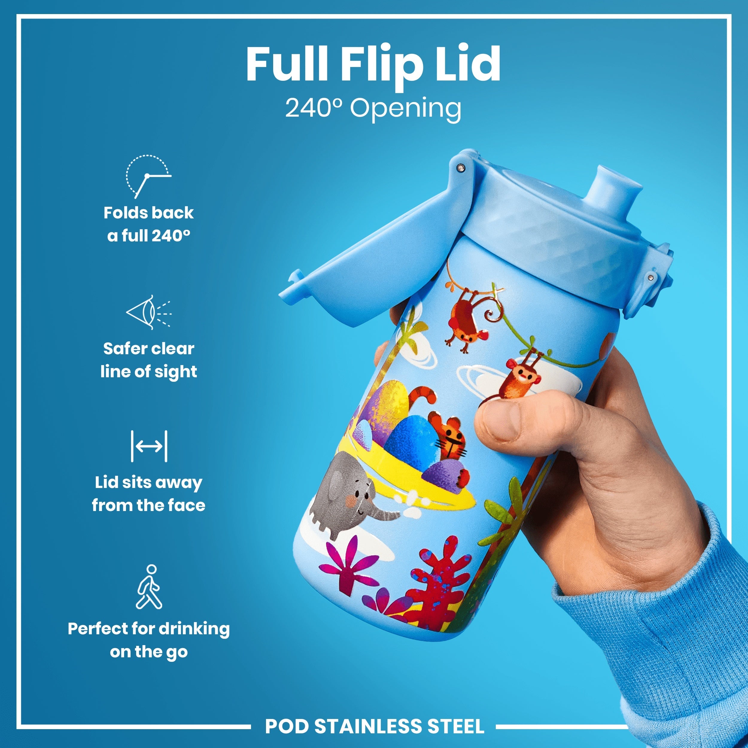 Leak Proof Kids Water Bottle, Stainless Steel, Safari, 400ml (13oz)