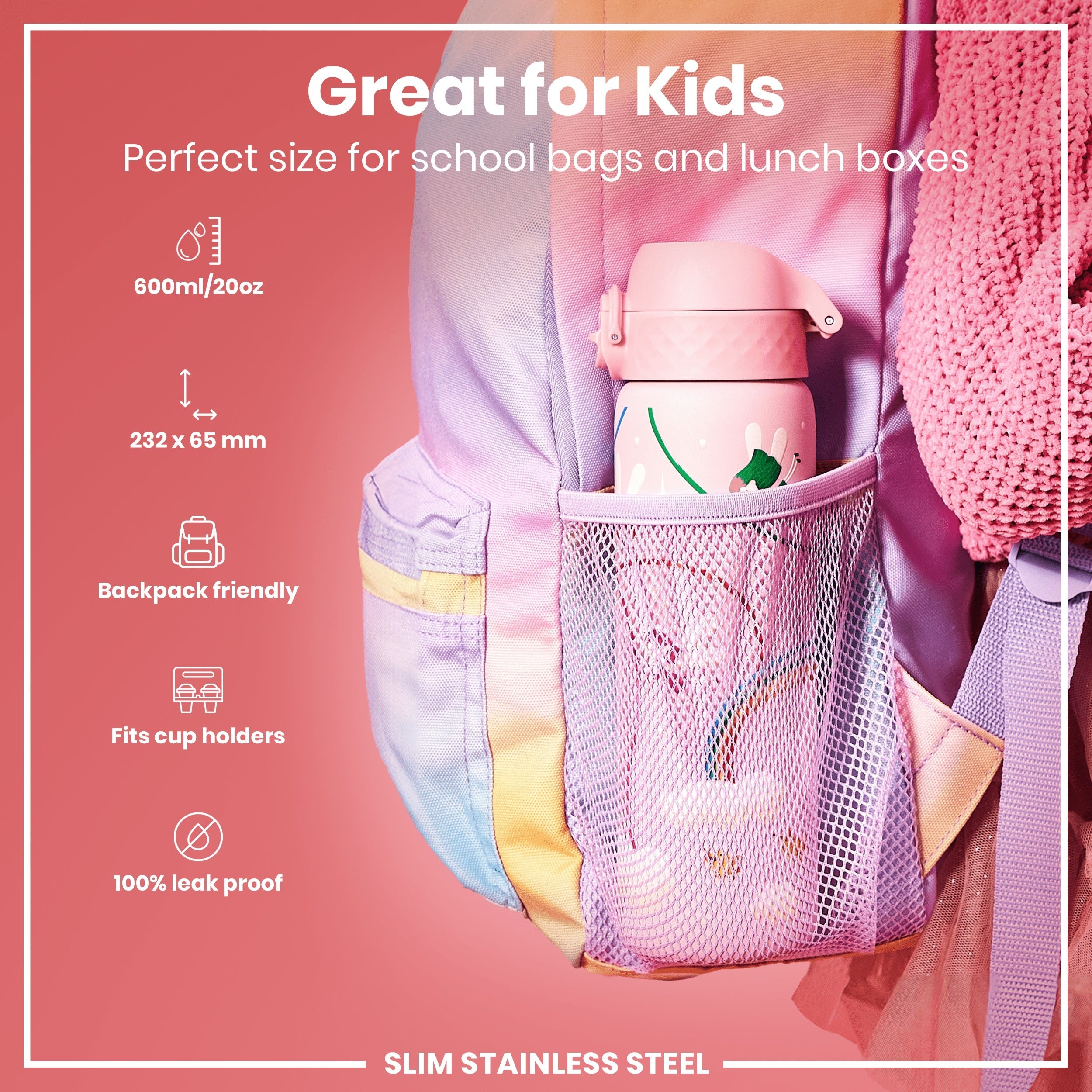 Leak Proof Slim Water Bottle, Stainless Steel, Fairies, 600ml (20oz)