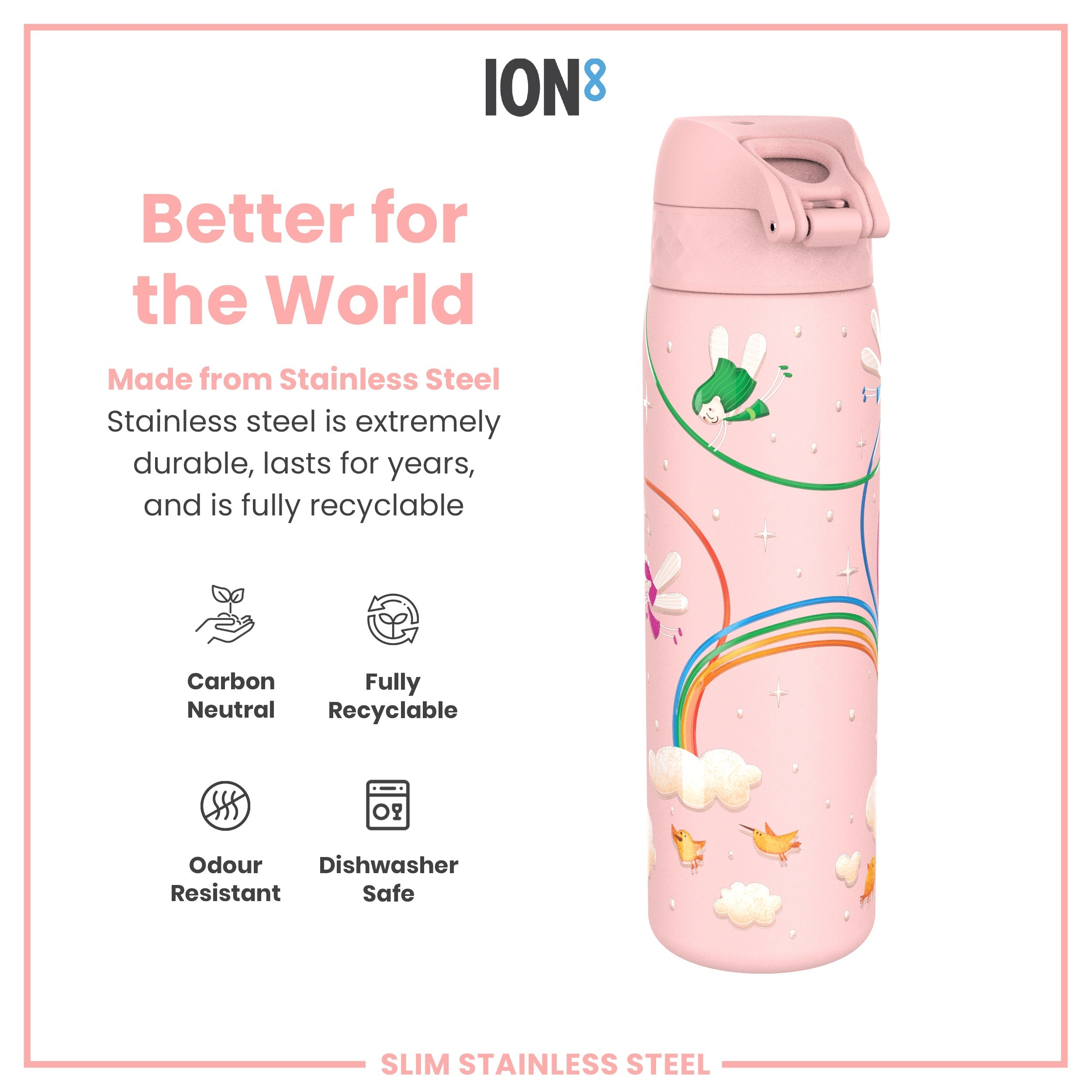 Leak Proof Slim Water Bottle, Stainless Steel, Fairies, 600ml (20oz)
