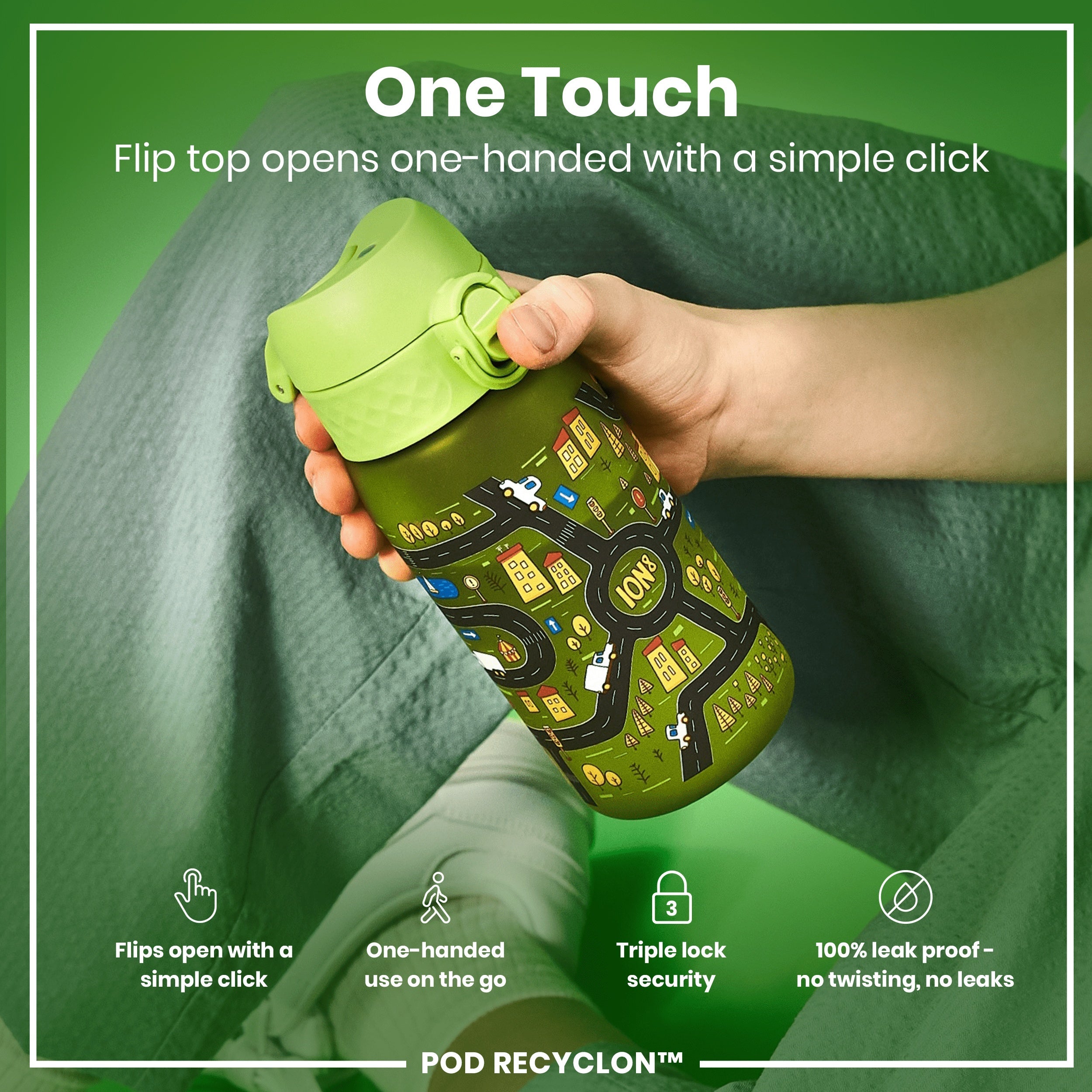 Leak Proof Kids Water Bottle, Recyclon, Cars, 350ml (12oz)