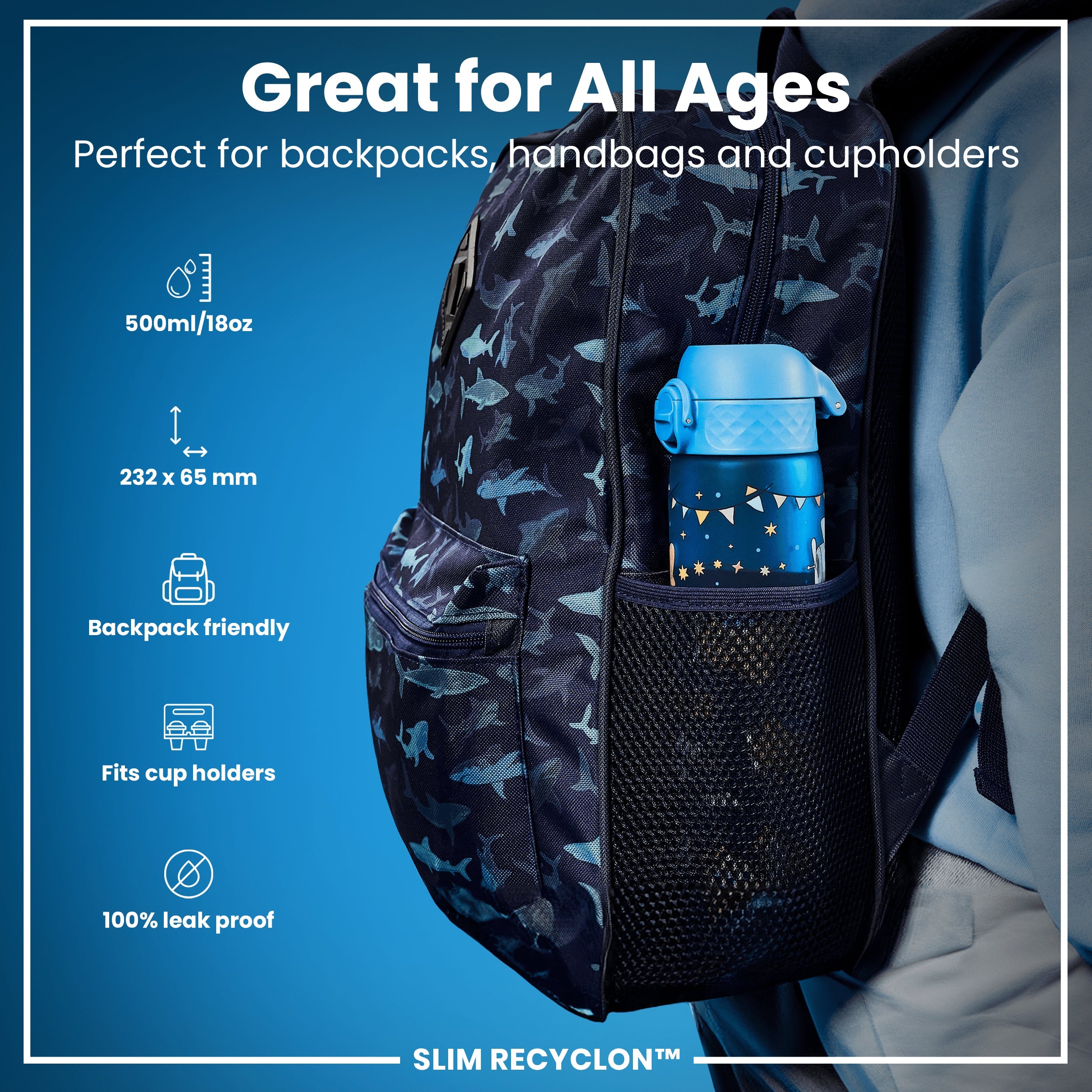 Leak Proof Slim Water Bottle, Recyclon, Airplanes, 500ml (18oz)