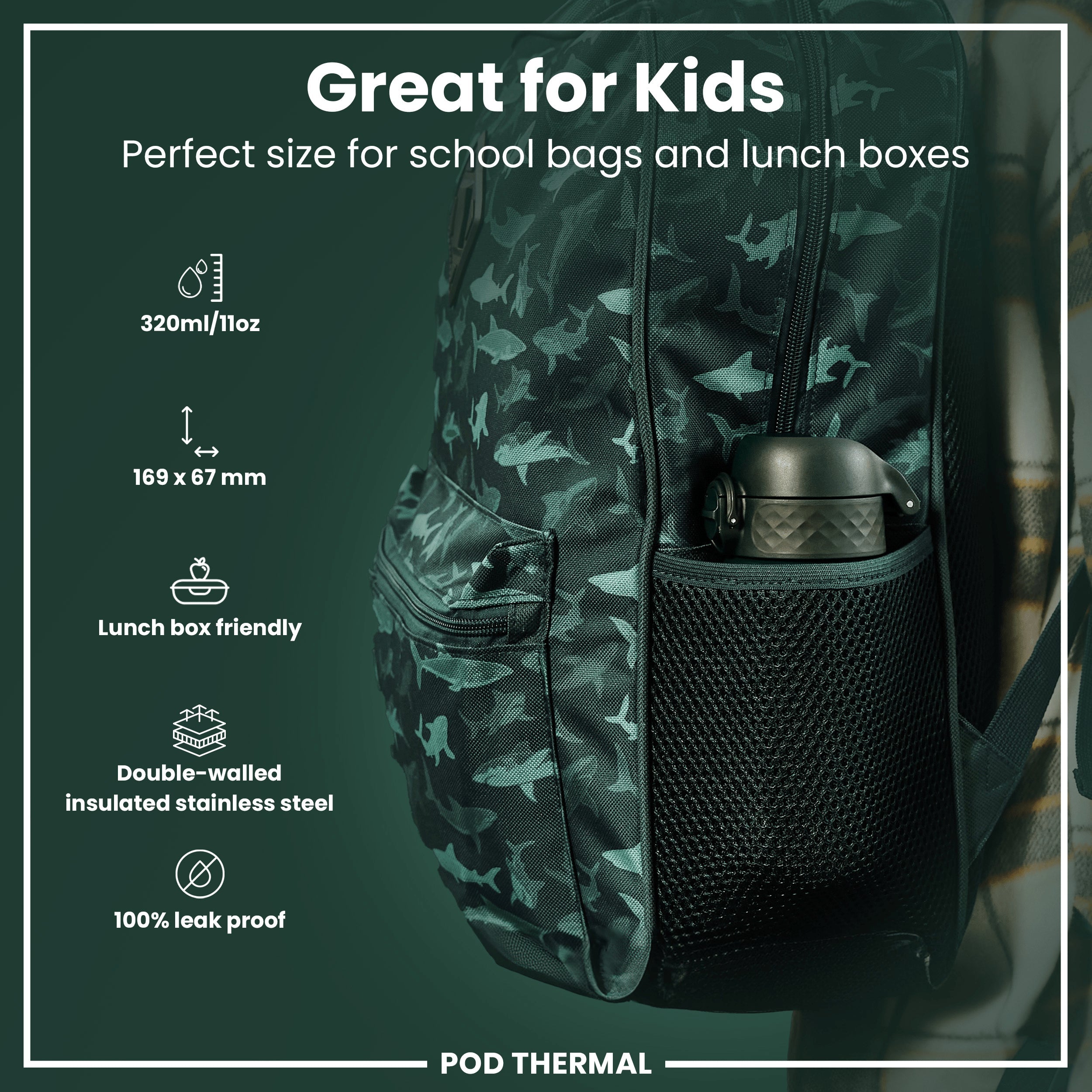 Leak Proof Thermal Steel Water Bottle, Insulated, Dark Green, 320ml (11oz)