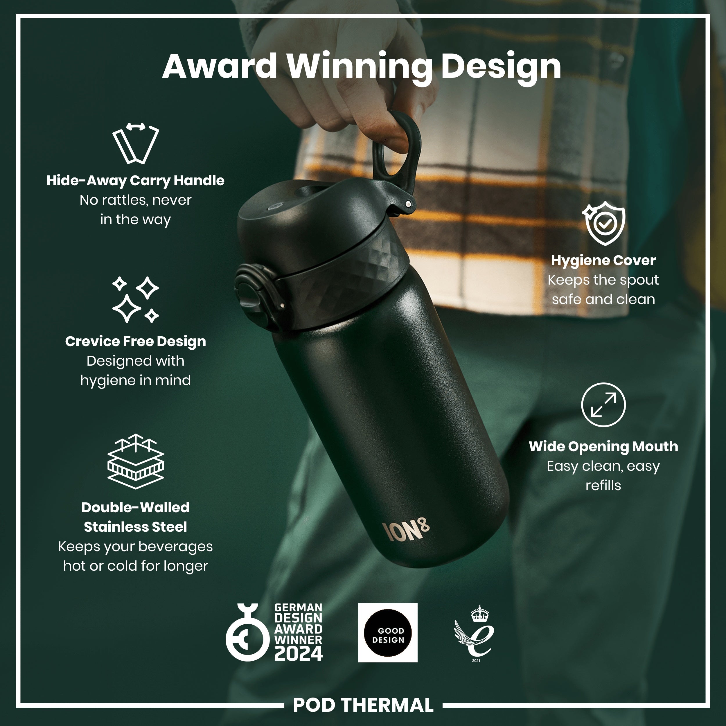 Leak Proof Thermal Steel Water Bottle, Insulated, Dark Green, 320ml (11oz)