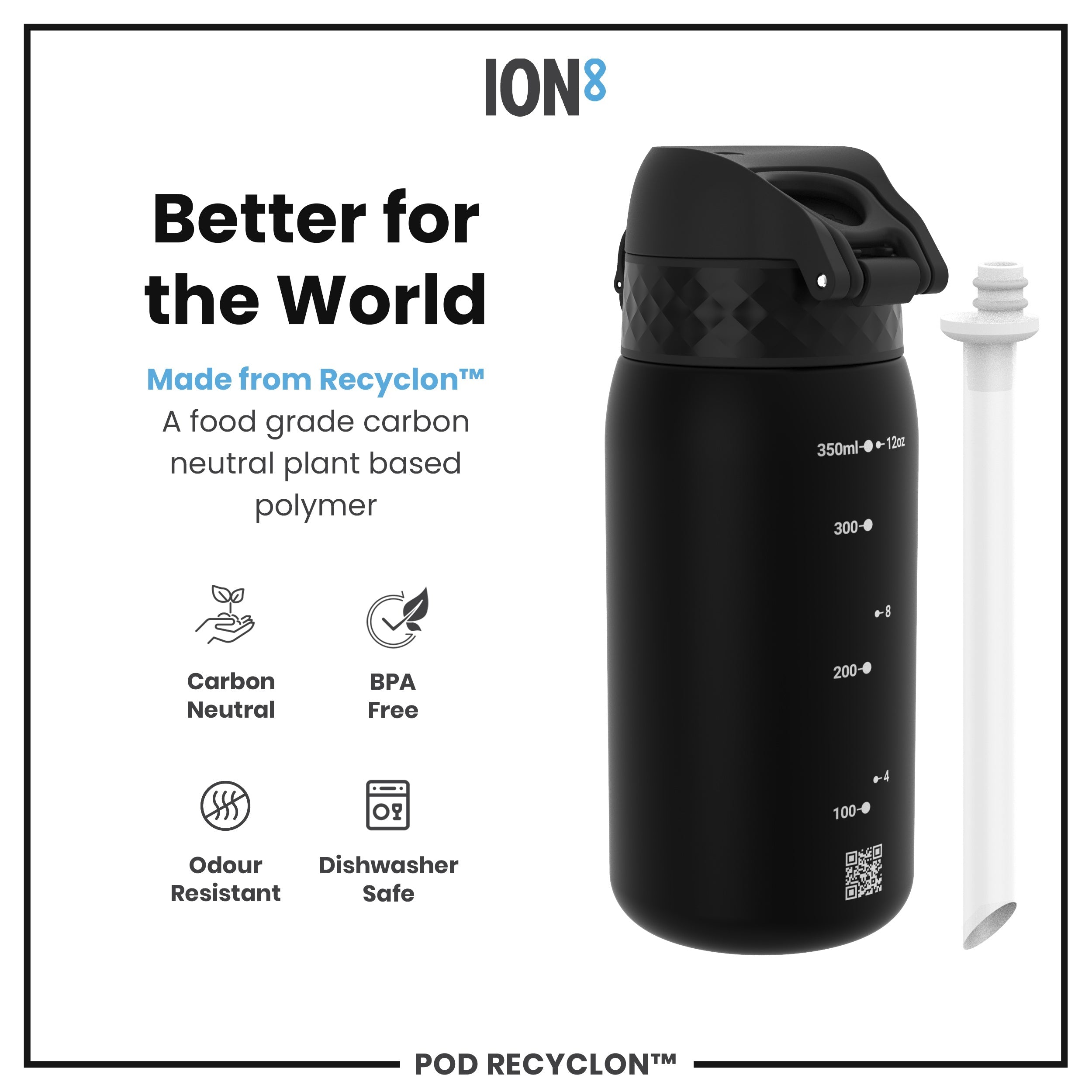 Leak Proof Small Water Bottle With Straw, Recyclon, Black, 350ml (12oz)