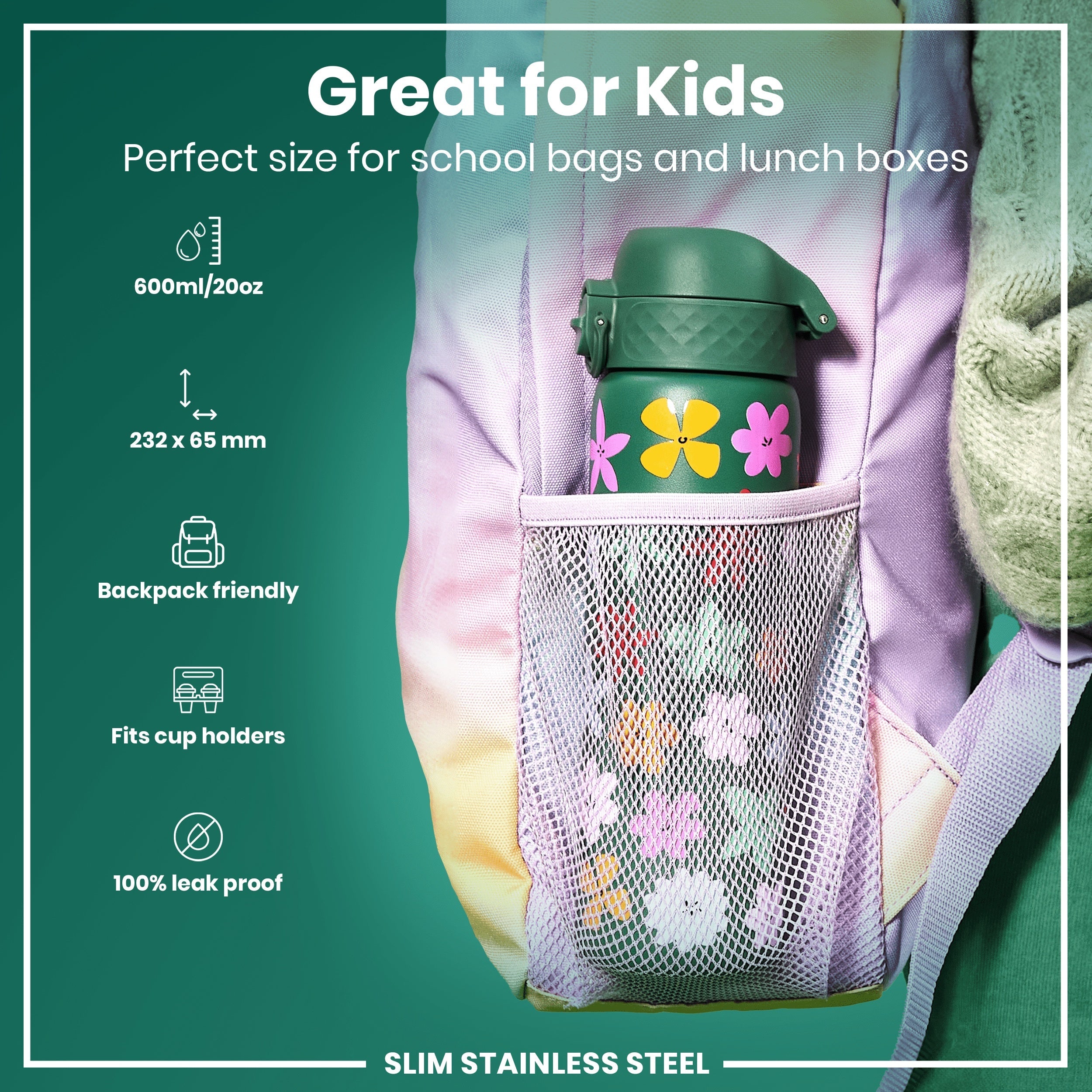Leak Proof Slim Water Bottle, Stainless Steel, Floral, 600ml (20oz)