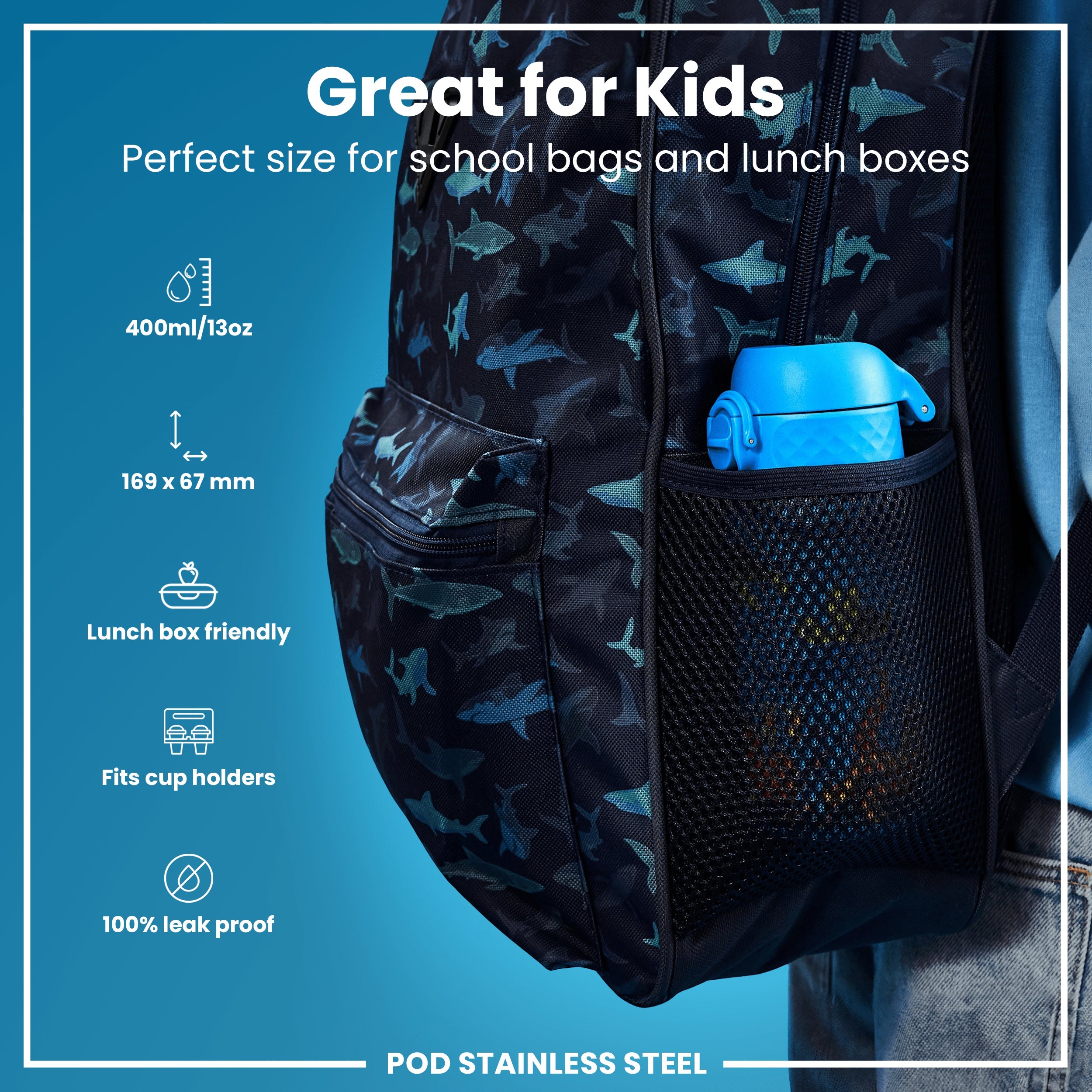 Leak Proof Kids Water Bottle, Stainless Steel, Sea Turtle, 400ml (13oz)