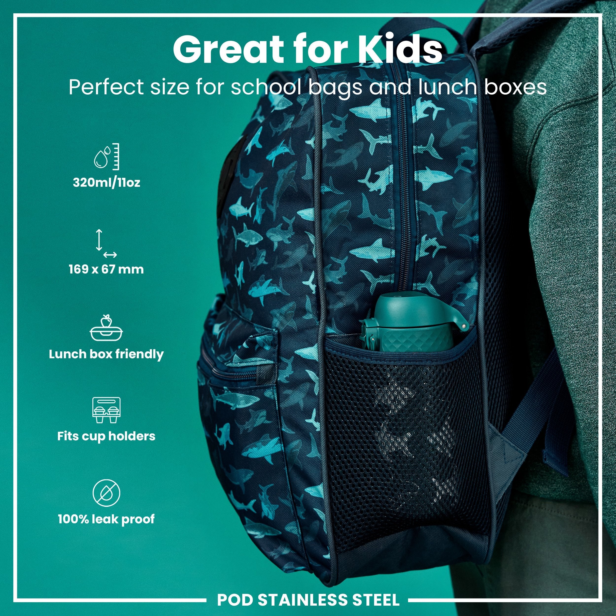 Leak Proof Thermal Steel Water Bottle, Insulated, Sharks, 320ml (11oz)