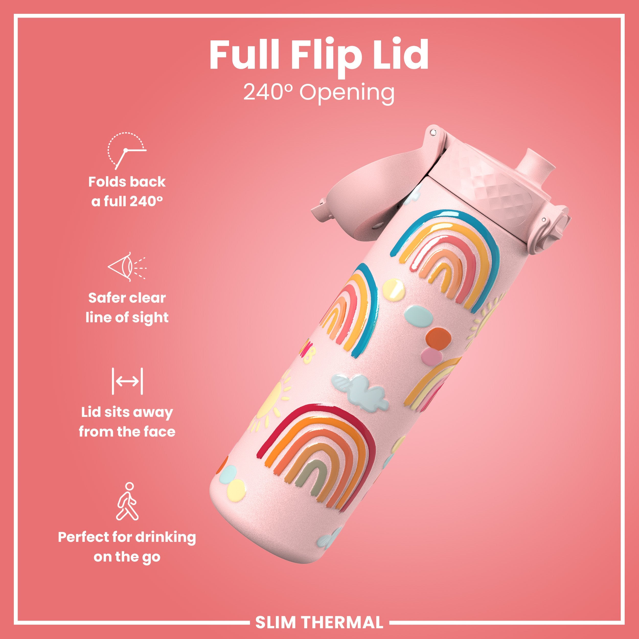 Leak Proof Slim Thermal Steel Water Bottle, Insulated, Rainbows, 500ml (17oz)