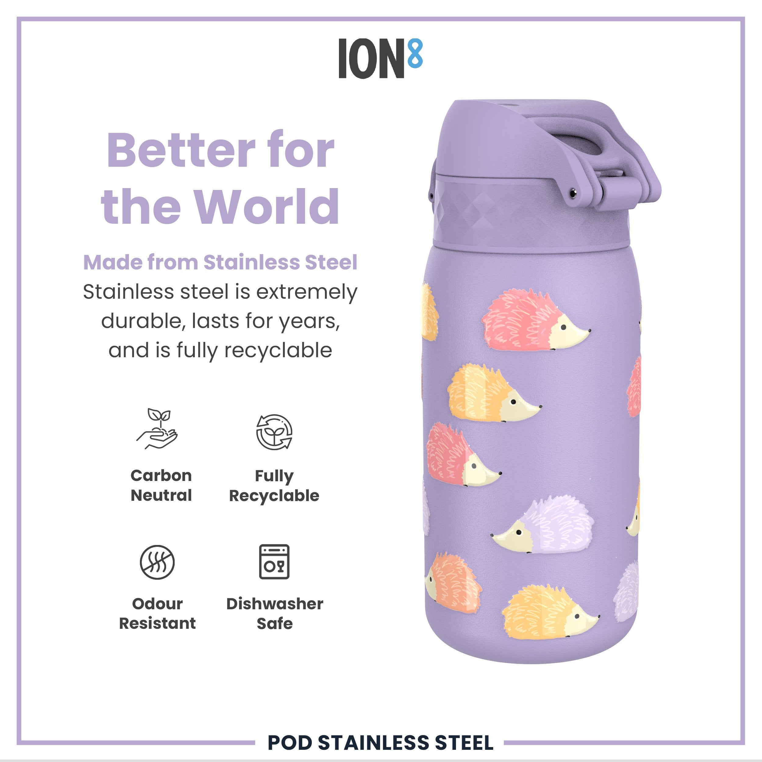 Leak Proof Kids Water Bottle, Stainless Steel, Hedgehogs, 400ml (13oz)