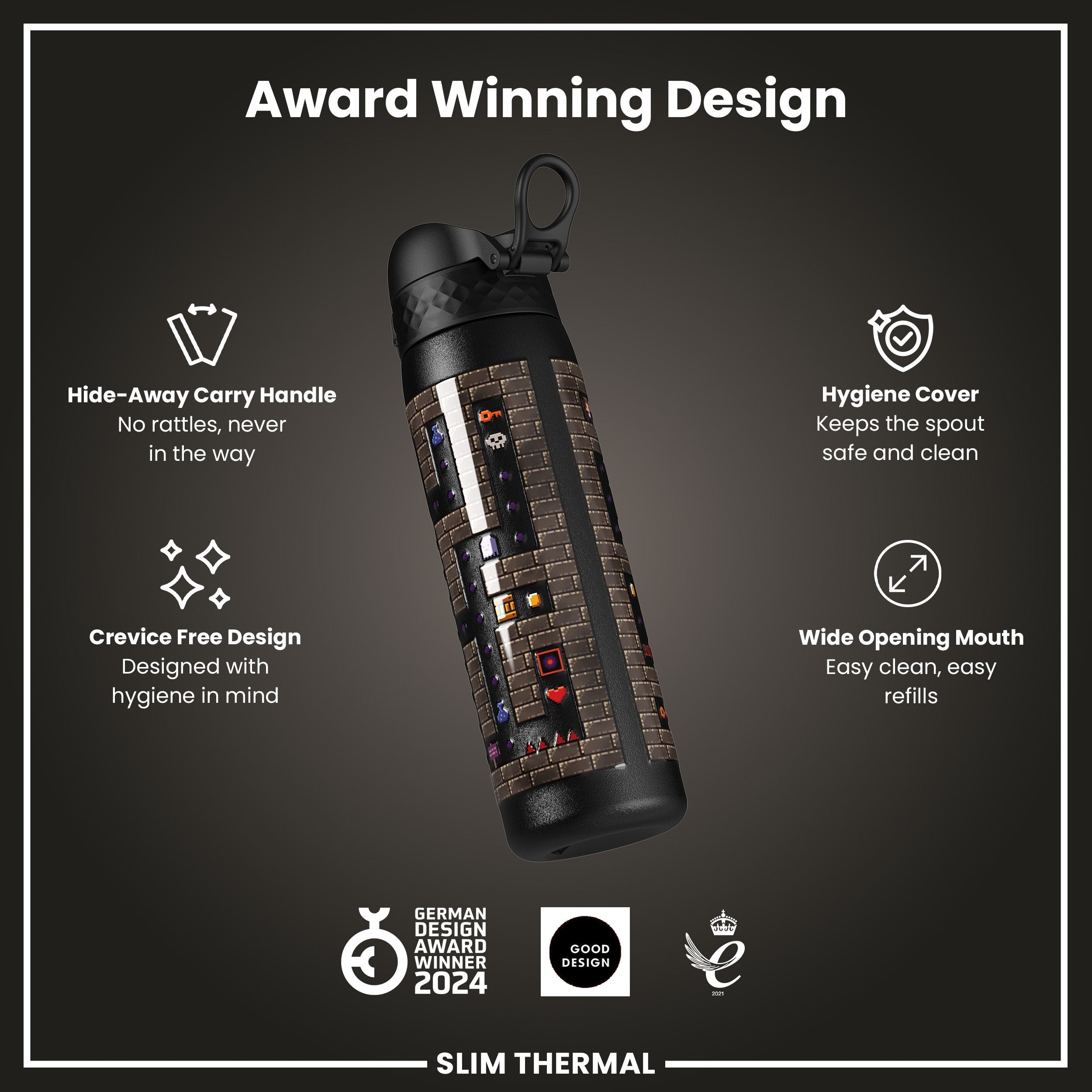 Leak Proof Slim Thermal Water Bottle, Insulated Steel, Gamer, 500ml (17oz)