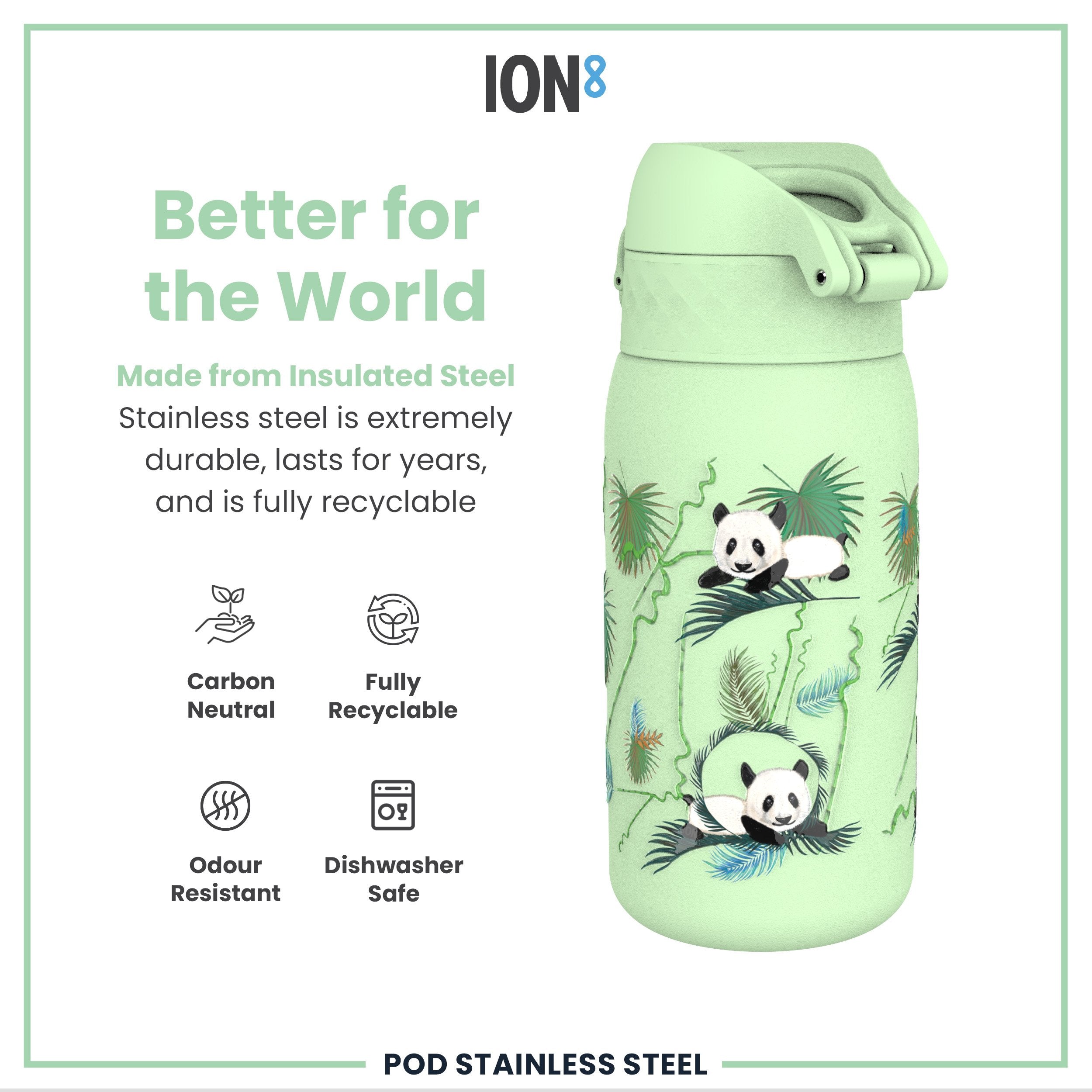 Leak Proof Thermal Steel Water Bottle, Insulated, Pandas, 320ml (11oz)