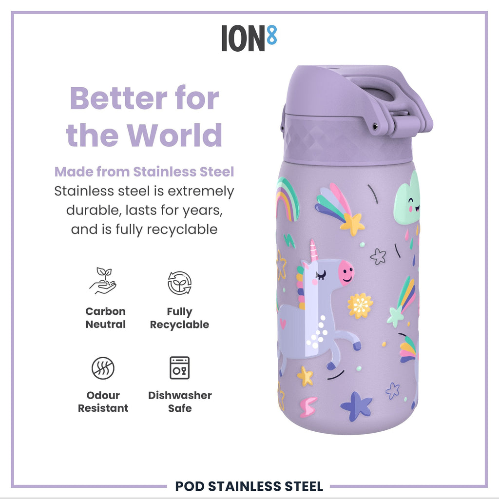 Leak Proof Kids Water Bottle, Stainless Steel, Purple Unicorns, 400ml (13oz)