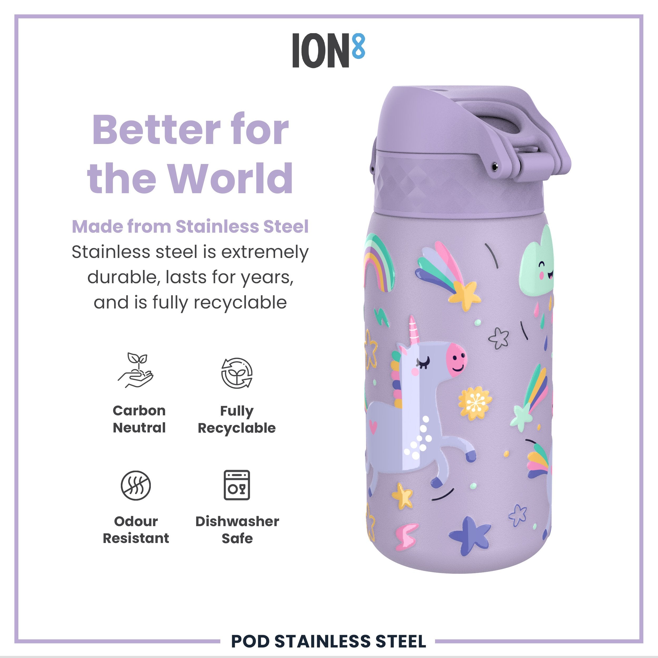 Leak Proof Kids Water Bottle, Stainless Steel, Purple Unicorns, 400ml (13oz)