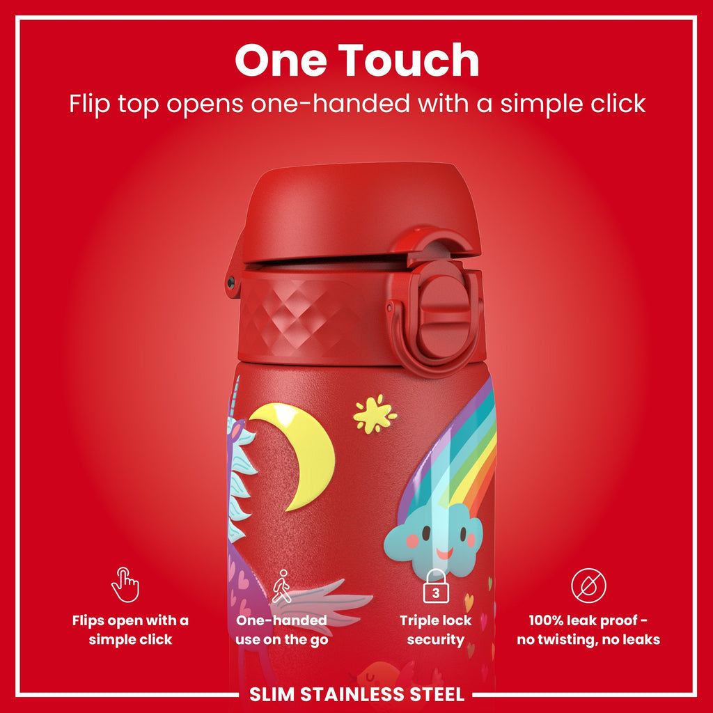 Leak Proof Slim Water Bottle, Stainless Steel, Red Unicorns, 600ml (20oz)