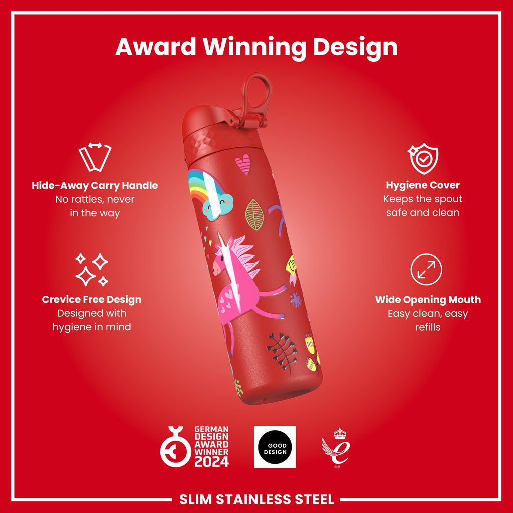 Leak Proof Slim Water Bottle, Stainless Steel, Red Unicorns, 600ml (20oz)