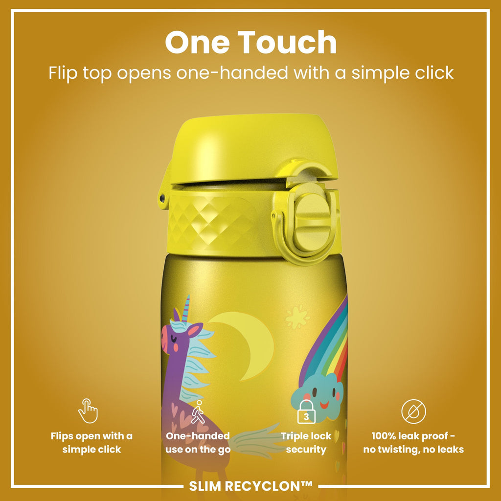 Leak Proof Slim Water Bottle, Recyclon, Yellow Unicorns, 500ml (18oz)