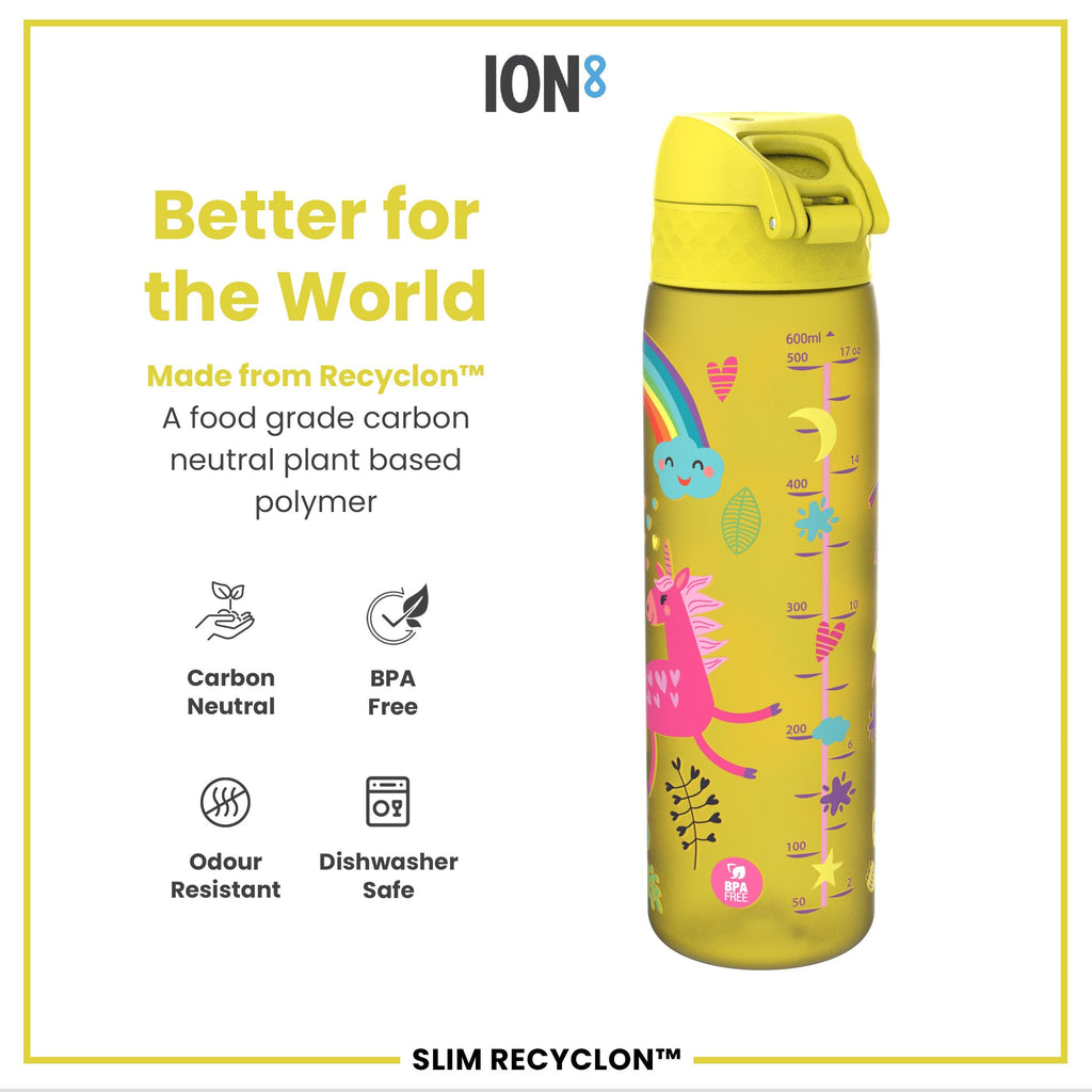 Leak Proof Slim Water Bottle, Recyclon, Yellow Unicorns, 500ml (18oz)