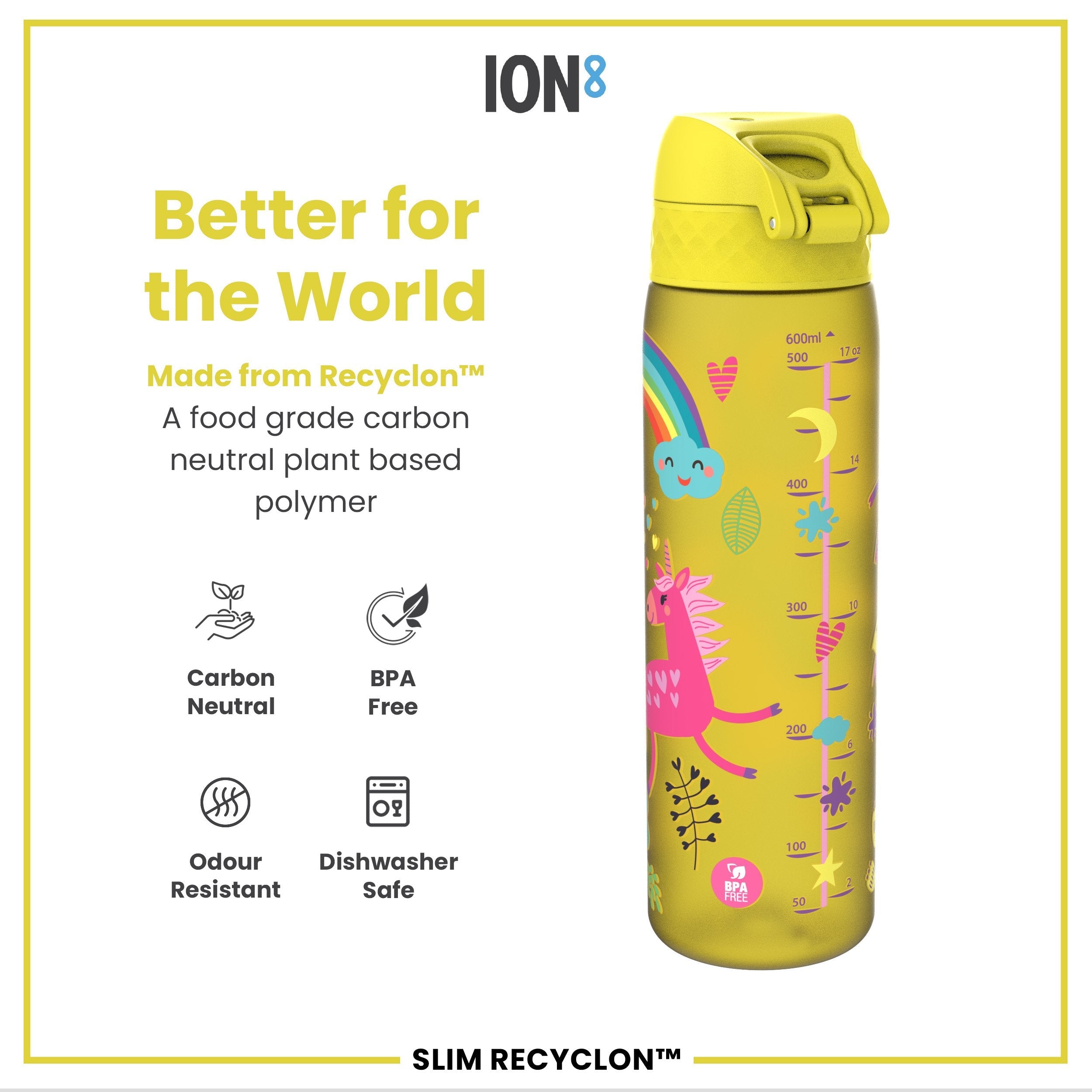 Leak Proof Slim Water Bottle, Recyclon, Yellow Unicorns, 500ml (18oz)