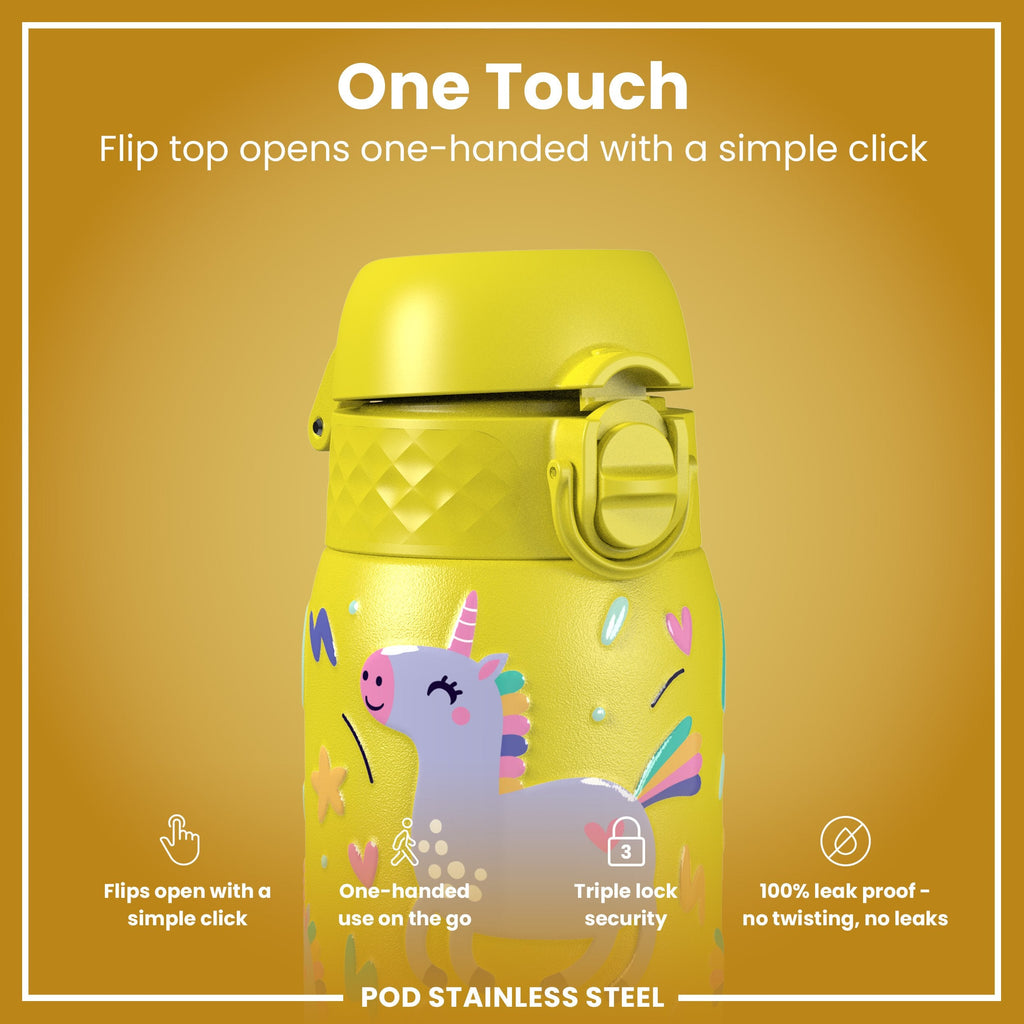 Leak Proof Kids Water Bottle, Stainless Steel, Yellow Unicorns, 400ml (13oz)