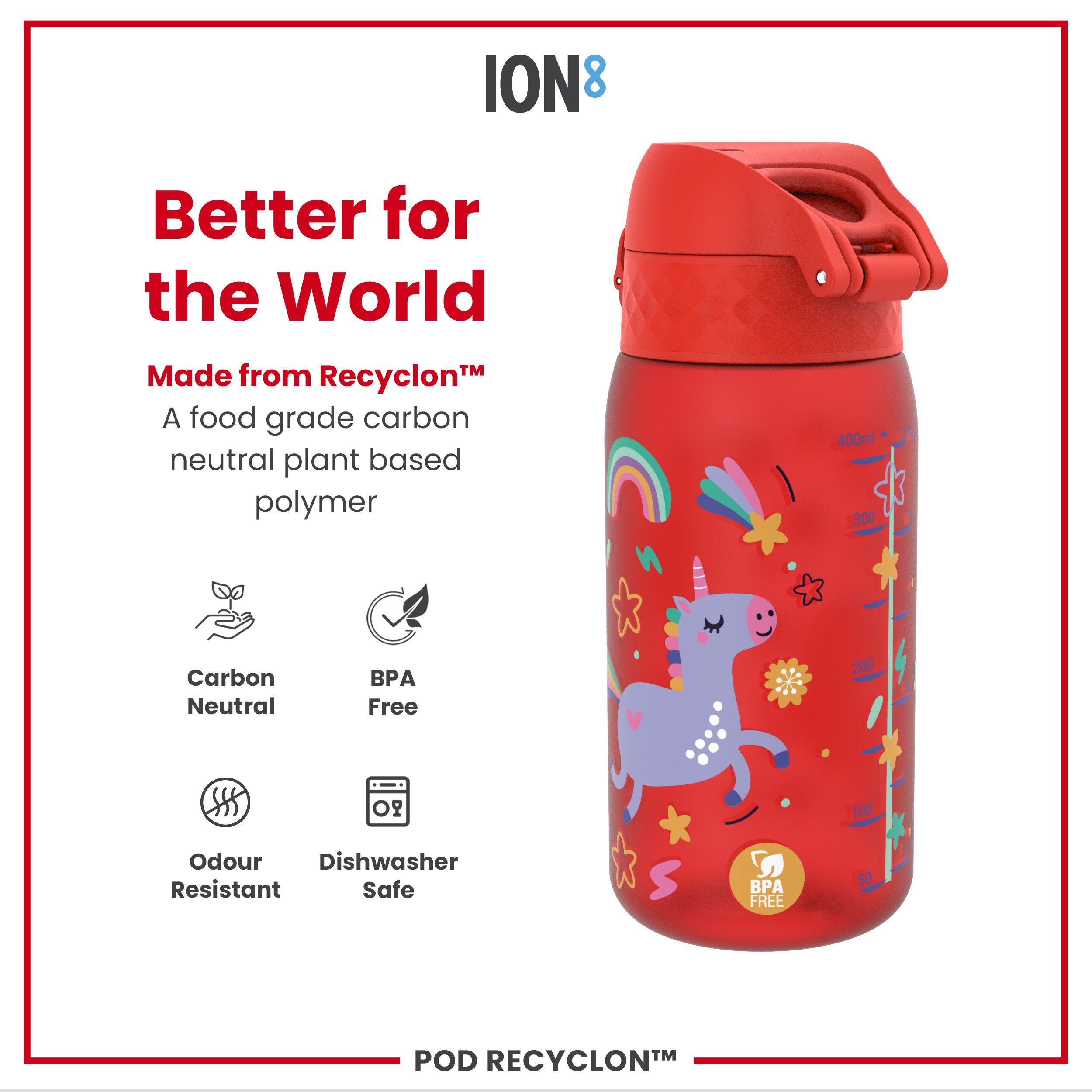Leak Proof Kids Water Bottle, Recyclon, Red Unicorns, 350ml (12oz)